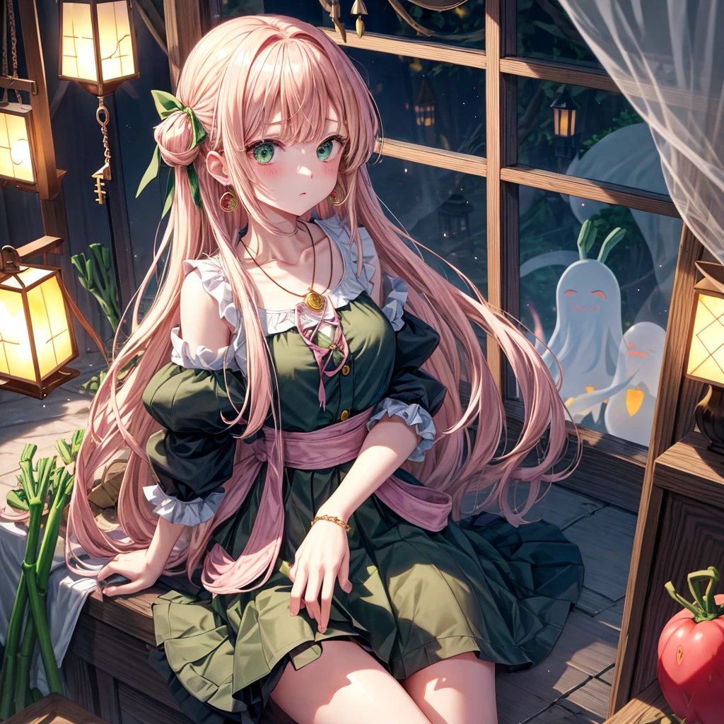 pink blonde、green eyes、one good looking girl、solo、anime、plaid mini skirt、the skirt has buttons、black camisole、black t-shirt、dress、wearing a ribbon、ribbon at waist、cloak、hood、clouds are swirling、stone slabs are piled up、one hand raised、crystal earrings、vegetable garden、monster castle、ceiling、golden key、jewelry necklace、Light and shadow、window、Hundreds of Ghosts at Night、lantern、sitting、legs crossed、mirror、Carrot、asparagus、tomato、green pepper、tunnel、clock、Stuck in the wall、tail、Rubik's Square