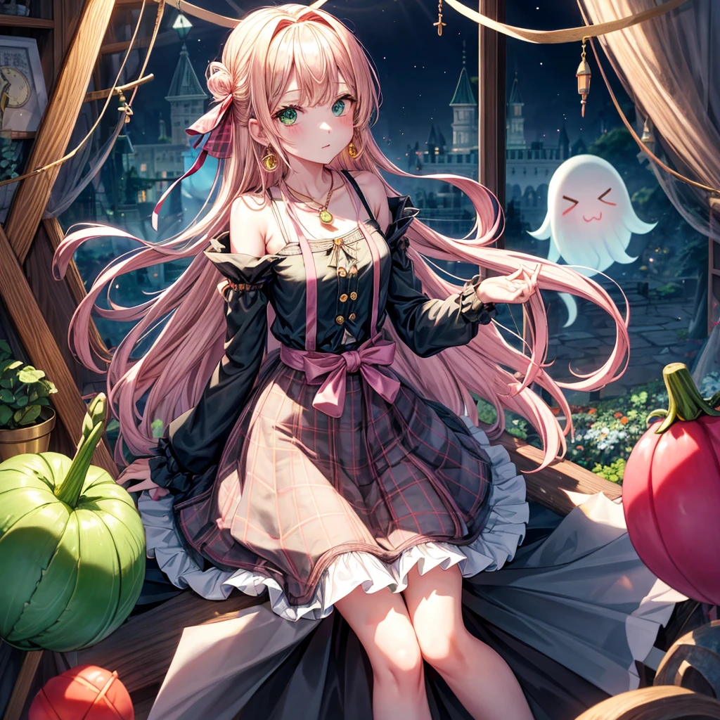 pink blonde、green eyes、one good looking girl、solo、anime、plaid mini skirt、the skirt has buttons、black camisole、black t-shirt、dress、wearing a ribbon、ribbon at waist、cloak、hood、clouds are swirling、stone slabs are piled up、one hand raised、crystal earrings、vegetable garden、monster castle、ceiling、golden key、jewelry necklace、Light and shadow、window、Hundreds of Ghosts at Night、lantern、sitting、legs crossed、mirror、Carrot、asparagus、tomato、green pepper、tunnel、clock、Stuck in the wall、tail、Rubik&#39;s Square