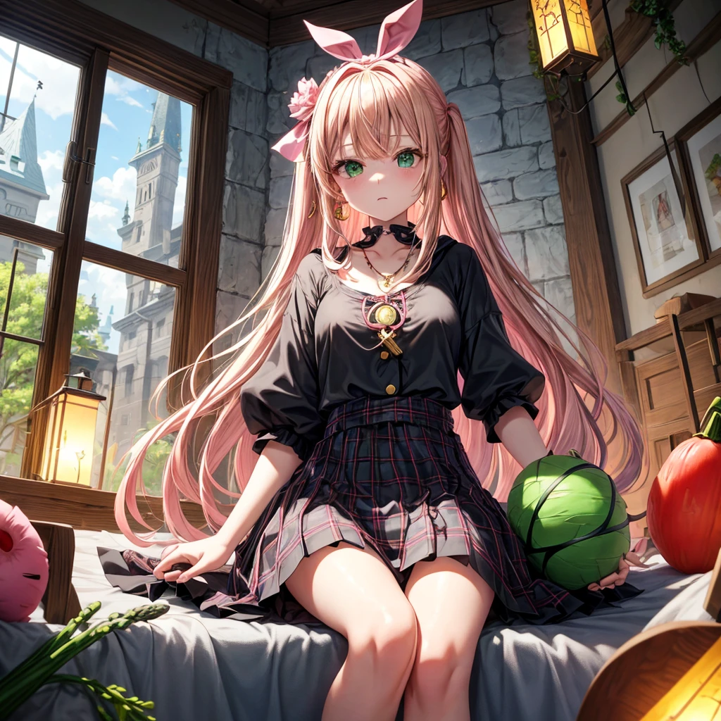 pink blonde、green eyes、one good looking girl、solo、anime、plaid mini skirt、the skirt has buttons、black camisole、black t-shirt、dress、wearing a ribbon、ribbon at waist、cloak、hood、clouds are swirling、stone slabs are piled up、one hand raised、crystal earrings、vegetable garden、monster castle、ceiling、golden key、jewelry necklace、Light and shadow、window、Hundreds of Ghosts at Night、lantern、sitting、legs crossed、mirror、Carrot、asparagus、tomato、green pepper、tunnel、clock、Stuck in the wall、tail、Rubik&#39;s Square
