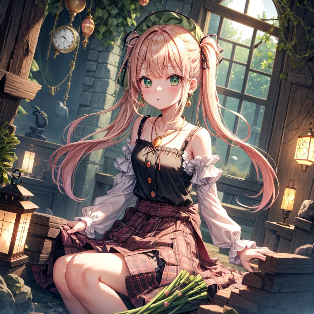 pink blonde、green eyes、one good looking girl、solo、anime、plaid mini skirt、the skirt has buttons、black camisole、black t-shirt、dress、wearing a ribbon、ribbon at waist、cloak、hood、clouds are swirling、stone slabs are piled up、one hand raised、crystal earrings、vegetable garden、monster castle、ceiling、golden key、jewelry necklace、Light and shadow、window、Hundreds of Ghosts at Night、lantern、sitting、legs crossed、mirror、Carrot、asparagus、tomato、green pepper、tunnel、clock、Stuck in the wall、tail、Rubik's Square