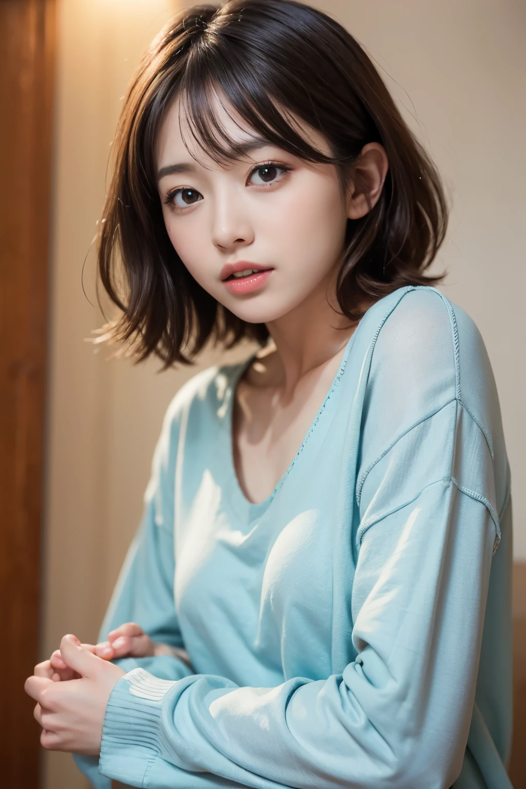 best quality, face focus, soft light, (depth of field) ,ultra high res, (photorealistic:1.4), RAW photo, (moody lighting, night:1.2), bedroom,
(upper thigh:1.4)
1japanese girl, solo, cute, kawaii, (shy, smile:1.1), (brown eyes), natural face, (short hair),
(sit on gray linen chair)
BREAK
(white naked oversize t-shirt:1.2)