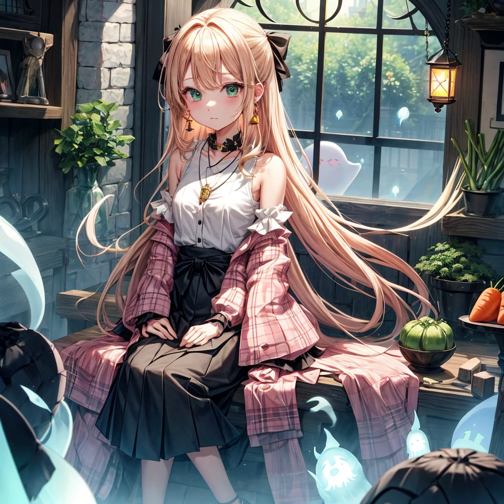 pink blonde、green eyes、one good looking girl、solo、anime、plaid mini skirt、the skirt has buttons、black camisole、black t-shirt、dress、wearing a ribbon、ribbon at waist、cloak、hood、clouds are swirling、stone slabs are piled up、one hand raised、crystal earrings、vegetable garden、monster castle、ceiling、golden key、jewelry necklace、Light and shadow、window、Hundreds of Ghosts at Night、lantern、sitting、legs crossed、mirror、Carrot、asparagus、tomato、green pepper、tunnel、clock、Stuck in the wall、tail、Rubik&#39;s Square