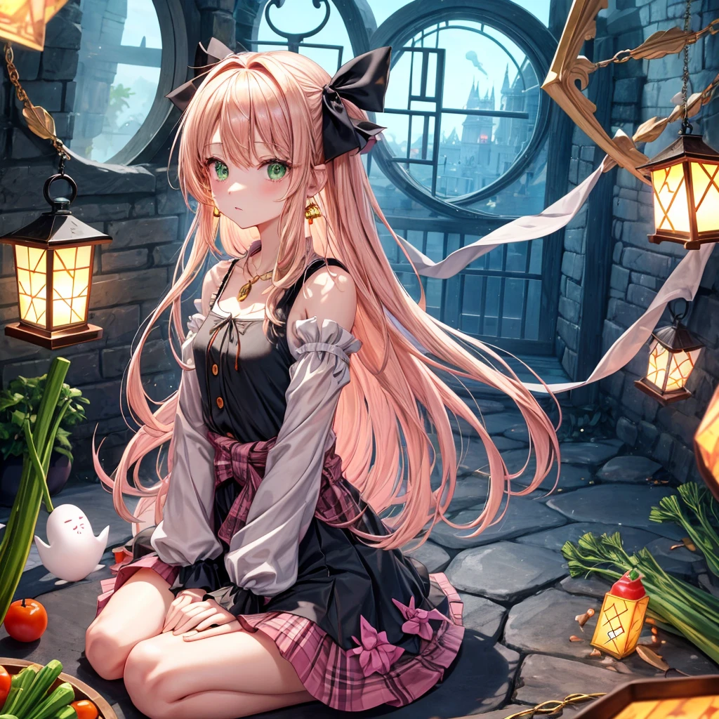 pink blonde、green eyes、one good looking girl、solo、anime、plaid mini skirt、the skirt has buttons、black camisole、black t-shirt、dress、wearing a ribbon、ribbon at waist、cloak、hood、clouds are swirling、stone slabs are piled up、one hand raised、crystal earrings、vegetable garden、monster castle、ceiling、golden key、jewelry necklace、Light and shadow、window、Hundreds of Ghosts at Night、lantern、sitting、legs crossed、mirror、Carrot、asparagus、tomato、green pepper、tunnel、clock、Stuck in the wall、tail、Rubik's Square