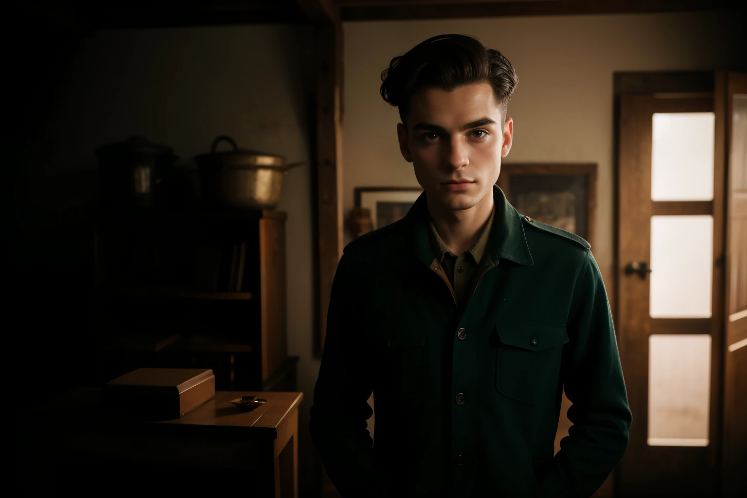Molching, Germany, 1942. landscape view, ((((26-year-old)) Max Vandenburg)), swampy eyes, thin, jew, cunning, crafty, sharp features, in the basement, with a suitcase, ((fear expression)). ((((casual poor clothings from the 1940)))), ((dark hairstyle of the 1940s))