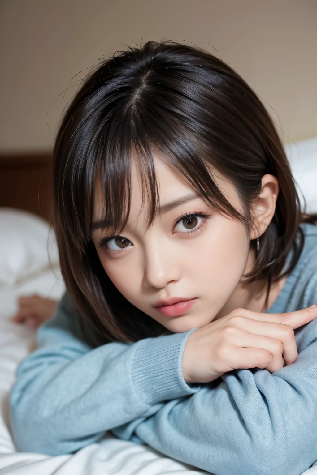 cute 21 year old japanese、night、on the bed、sweaty pajamas、cute colorful pajamas、super detailed face、Attention to detail、double eyelid、beautiful thin nose、sharp focus:1.2、beauty:1.4、(明るい茶色のhair、shortcut) hair、white skin、highest quality、masterpiece、ultra high resolution、(Photoreal:1.4)、