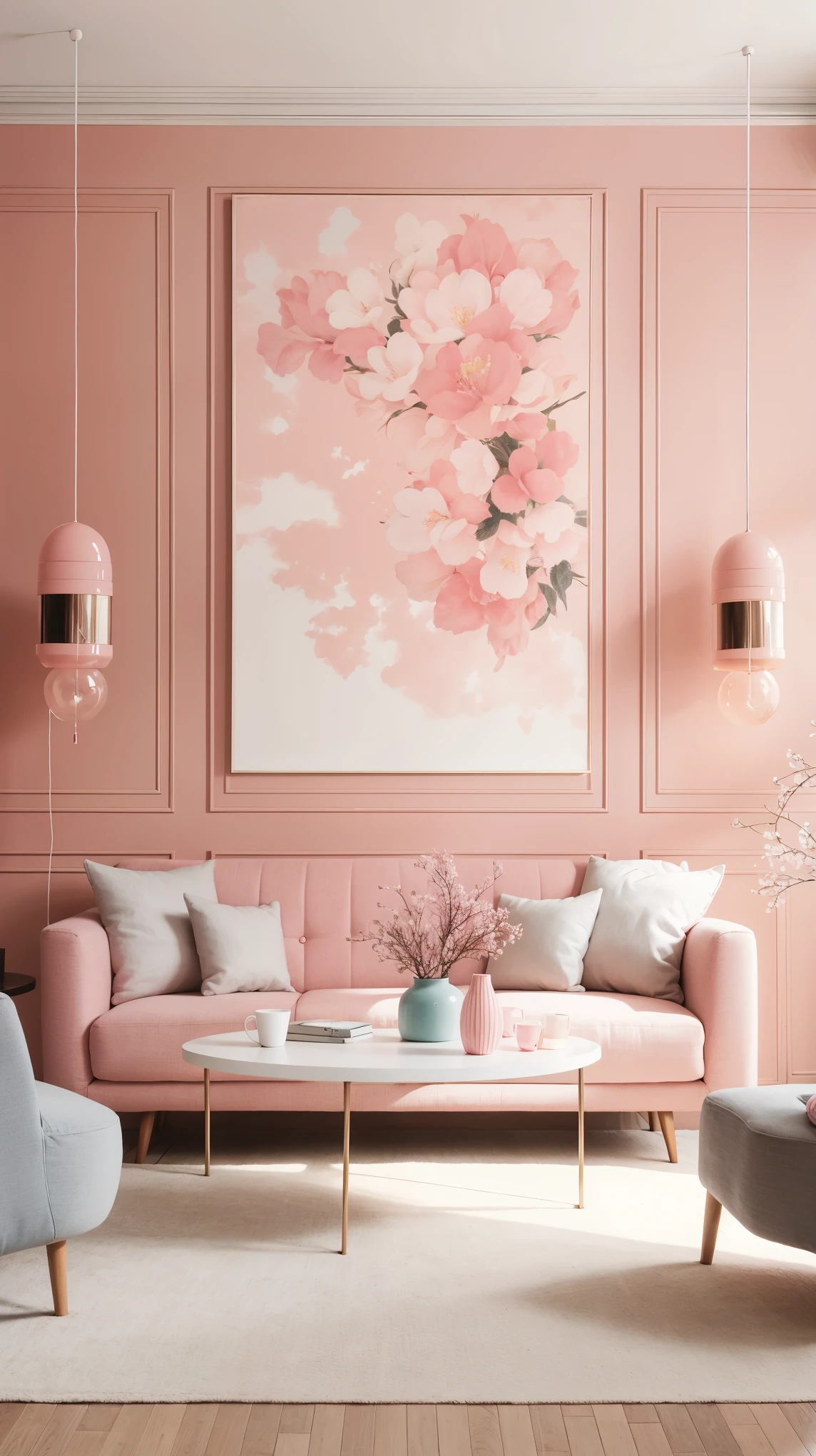 Colorful living room,With pink walls and pink sofa, warm pink living room, pink room brightly lit, soft pink, the walls are pink, The paintings are elegant and delicate, pink shades, Pastel style, pink zen style, pink tints, pastel pink, pink tint, Pink accent, pink color scheme, pink scheme