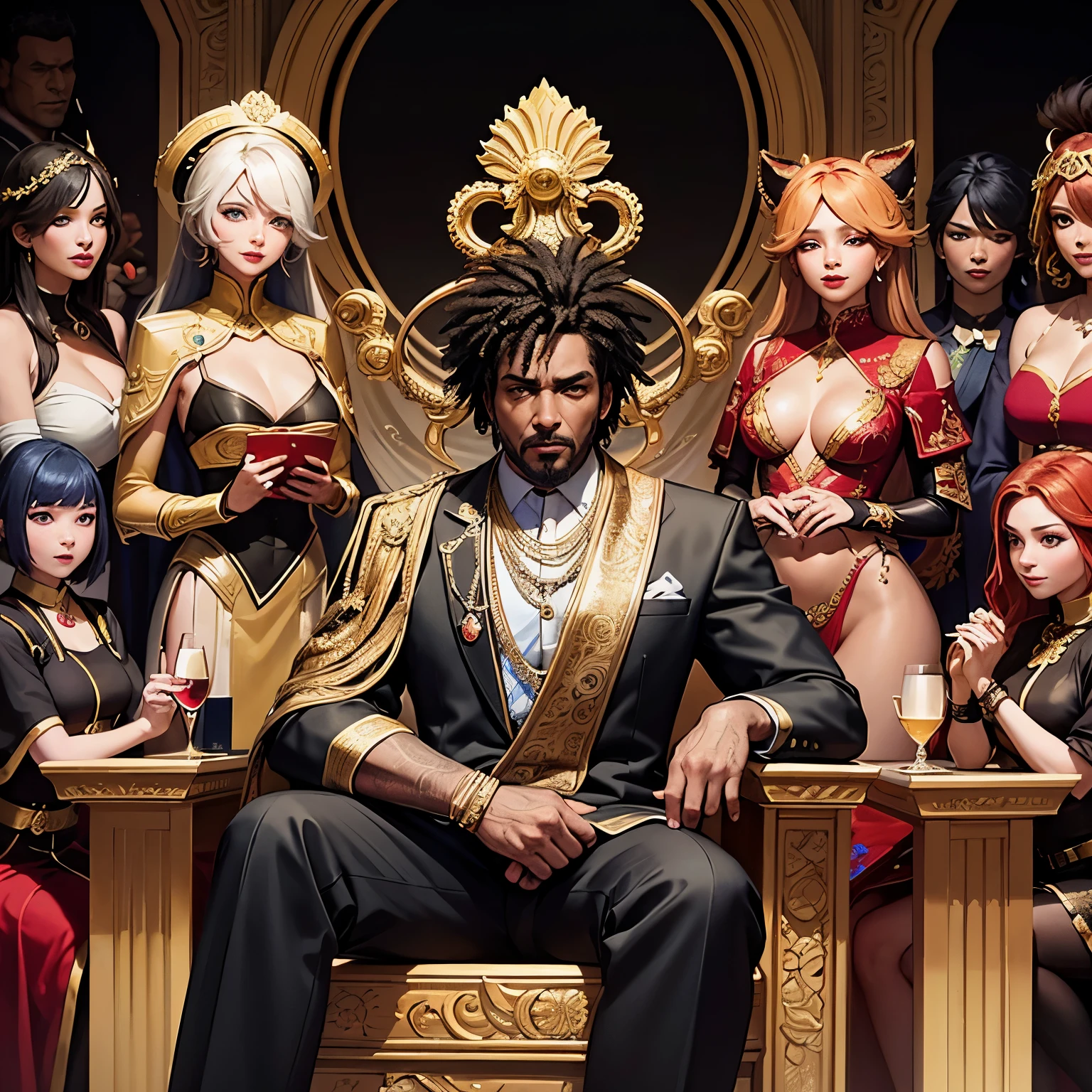 Cartoon Style: A black man, adorned with Donald Trump's distinctive hairdo and color, sits confidently on a golden throne. Surrounding him are ten beautiful women, each representing diverse ethnicities, adding an alluring and vibrant contrast to the scene. The intricately detailed animation brings the scene to life, with realistic CGI effects and playful cartoon styling. Octane render, key light from the front, cinematic framing, low camera angle, and a rich color palette add depth and dimension to this stunning masterpiece.