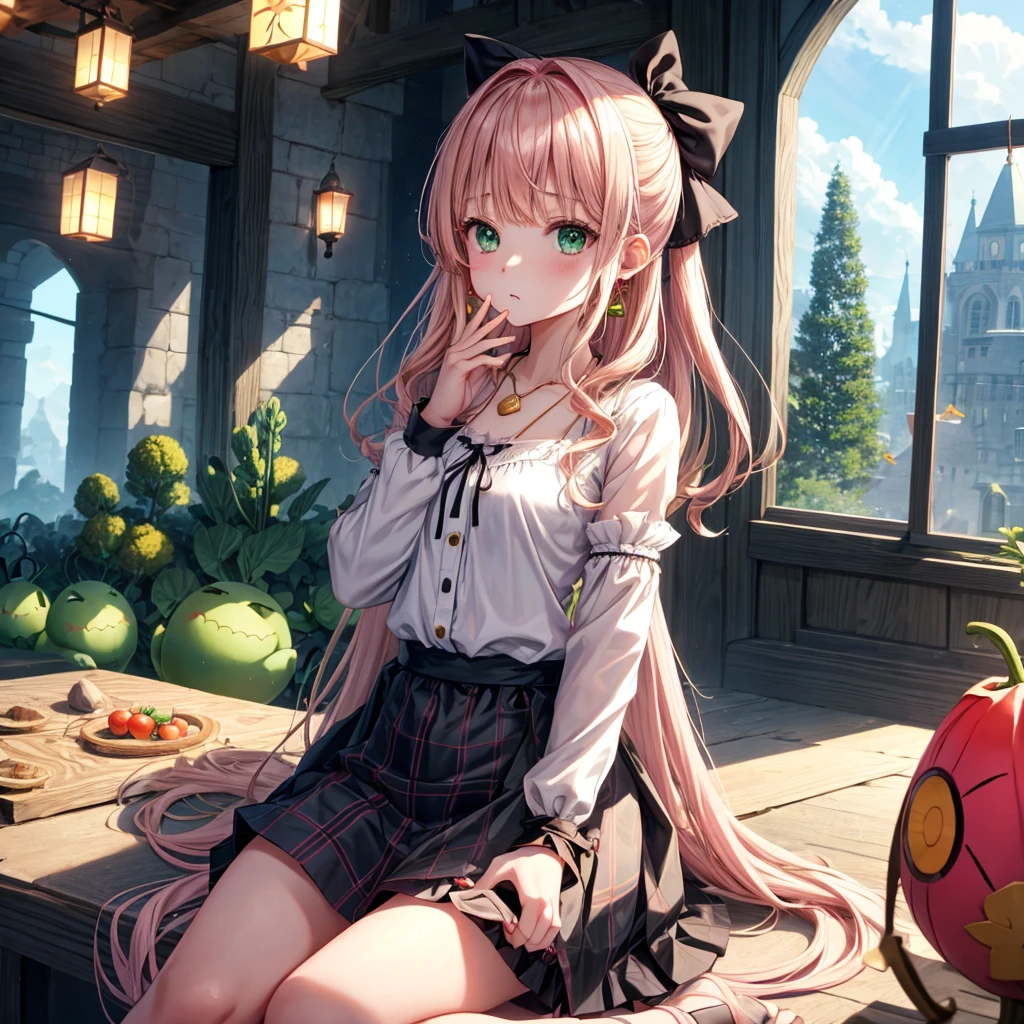 pink blonde、green eyes、one good looking girl、solo、anime、plaid mini skirt、the skirt has buttons、black camisole、black t-shirt、dress、wearing a ribbon、ribbon at waist、cloak、hood、clouds are swirling、stone slabs are piled up、one hand raised、crystal earrings、vegetable garden、monster castle、ceiling、golden key、jewelry necklace、Light and shadow、window、Hundreds of Ghosts at Night、lantern、sitting、legs crossed、mirror、Carrot、asparagus、tomato、green pepper、tunnel、clock、Stuck in the wall、tail、Rubik's Square