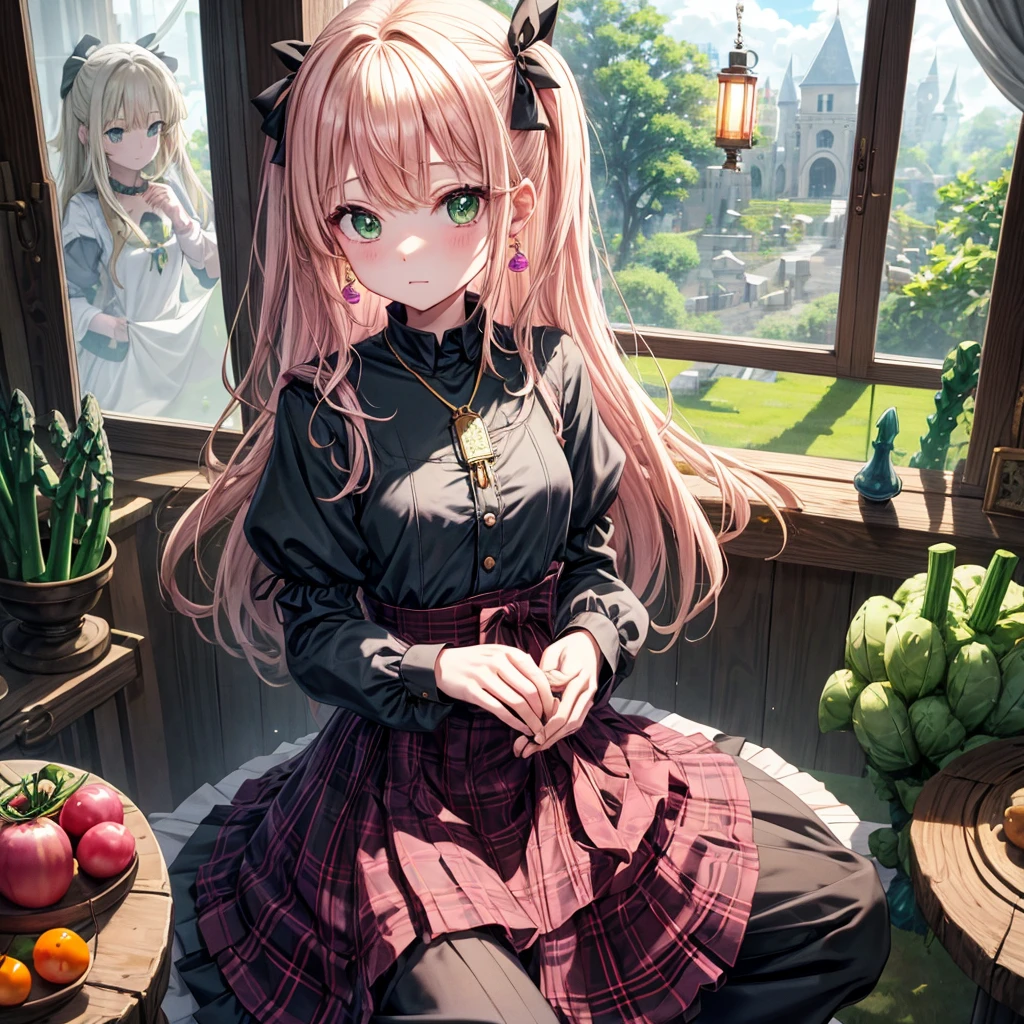 pink blonde、green eyes、one good looking girl、solo、anime、plaid mini skirt、the skirt has buttons、black camisole、black t-shirt、dress、wearing a ribbon、ribbon at waist、cloak、hood、clouds are swirling、stone slabs are piled up、one hand raised、crystal earrings、vegetable garden、monster castle、ceiling、golden key、jewelry necklace、Light and shadow、window、Hundreds of Ghosts at Night、lantern、sitting、legs crossed、mirror、Carrot、asparagus、tomato、green pepper、tunnel、clock、Stuck in the wall、tail、Rubik's Square、steam