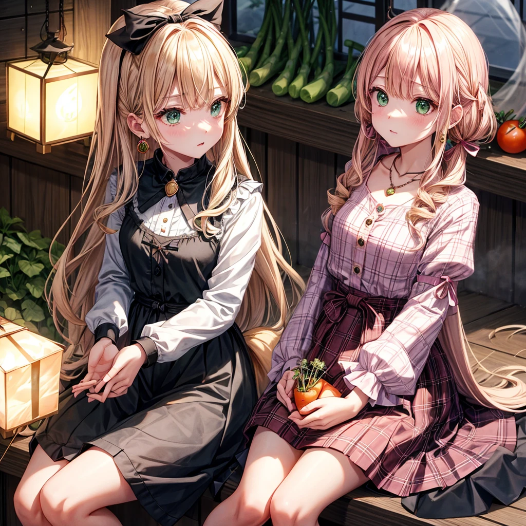 pink blonde、green eyes、one good looking girl、solo、anime、plaid mini skirt、the skirt has buttons、black camisole、black t-shirt、dress、wearing a ribbon、ribbon at waist、cloak、hood、clouds are swirling、stone slabs are piled up、one hand raised、crystal earrings、vegetable garden、monster castle、ceiling、golden key、jewelry necklace、Light and shadow、window、Hundreds of Ghosts at Night、lantern、sitting、legs crossed、mirror、Carrot、asparagus、tomato、green pepper、tunnel、clock、Stuck in the wall、tail、Rubik&#39;s Square、steam