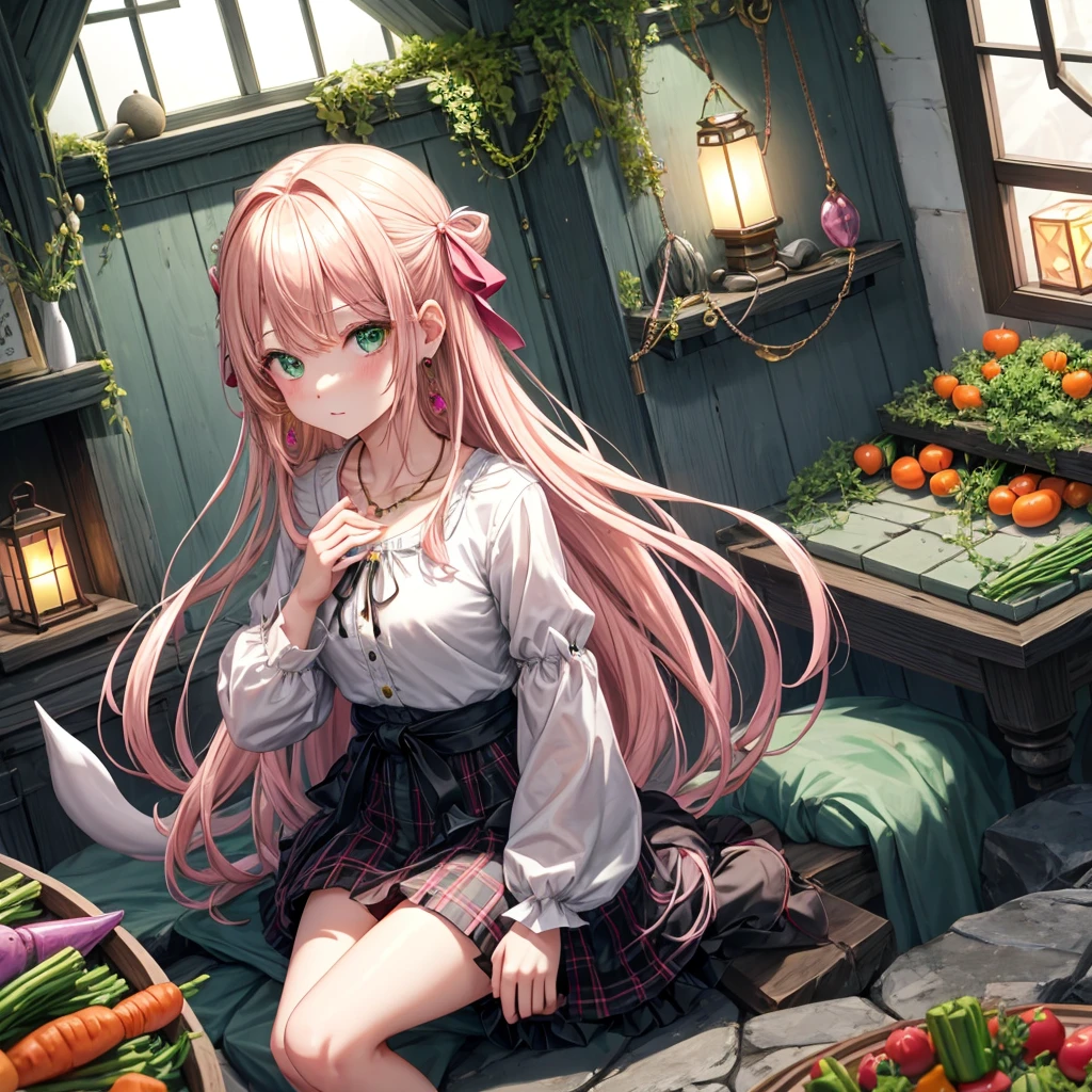 pink blonde、green eyes、one good looking girl、solo、anime、plaid mini skirt、the skirt has buttons、black camisole、black t-shirt、dress、wearing a ribbon、ribbon at waist、cloak、hood、clouds are swirling、stone slabs are piled up、one hand raised、crystal earrings、vegetable garden、monster castle、ceiling、golden key、jewelry necklace、Light and shadow、window、Hundreds of Ghosts at Night、lantern、sitting、legs crossed、mirror、Carrot、asparagus、tomato、green pepper、tunnel、clock、Stuck in the wall、tail、Rubik's Square、steam