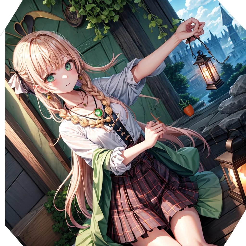 pink blonde、green eyes、one good looking girl、solo、anime、plaid mini skirt、the skirt has buttons、black camisole、black t-shirt、dress、wearing a ribbon、ribbon at waist、cloak、hood、clouds are swirling、stone slabs are piled up、one hand raised、crystal earrings、vegetable garden、monster castle、ceiling、golden key、jewelry necklace、Light and shadow、window、Hundreds of Ghosts at Night、lantern、sitting、legs crossed、mirror、Carrot、asparagus、tomato、green pepper、tunnel、clock、Stuck in the wall、tail、Rubik&#39;s Square、steam