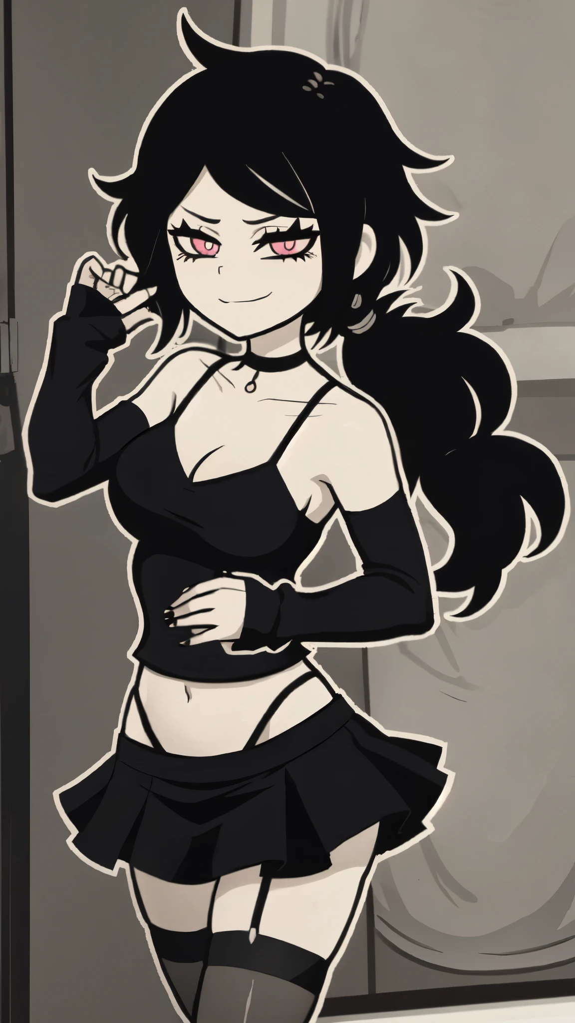 ashleyvk, 1girl, solo, black hair, medium breasts, choker, long hair, anime coloring, bare shoulders, mini skirt, smug smile, goth aesthetic, midriff, Black eyeliner, stockings, sleeveless,