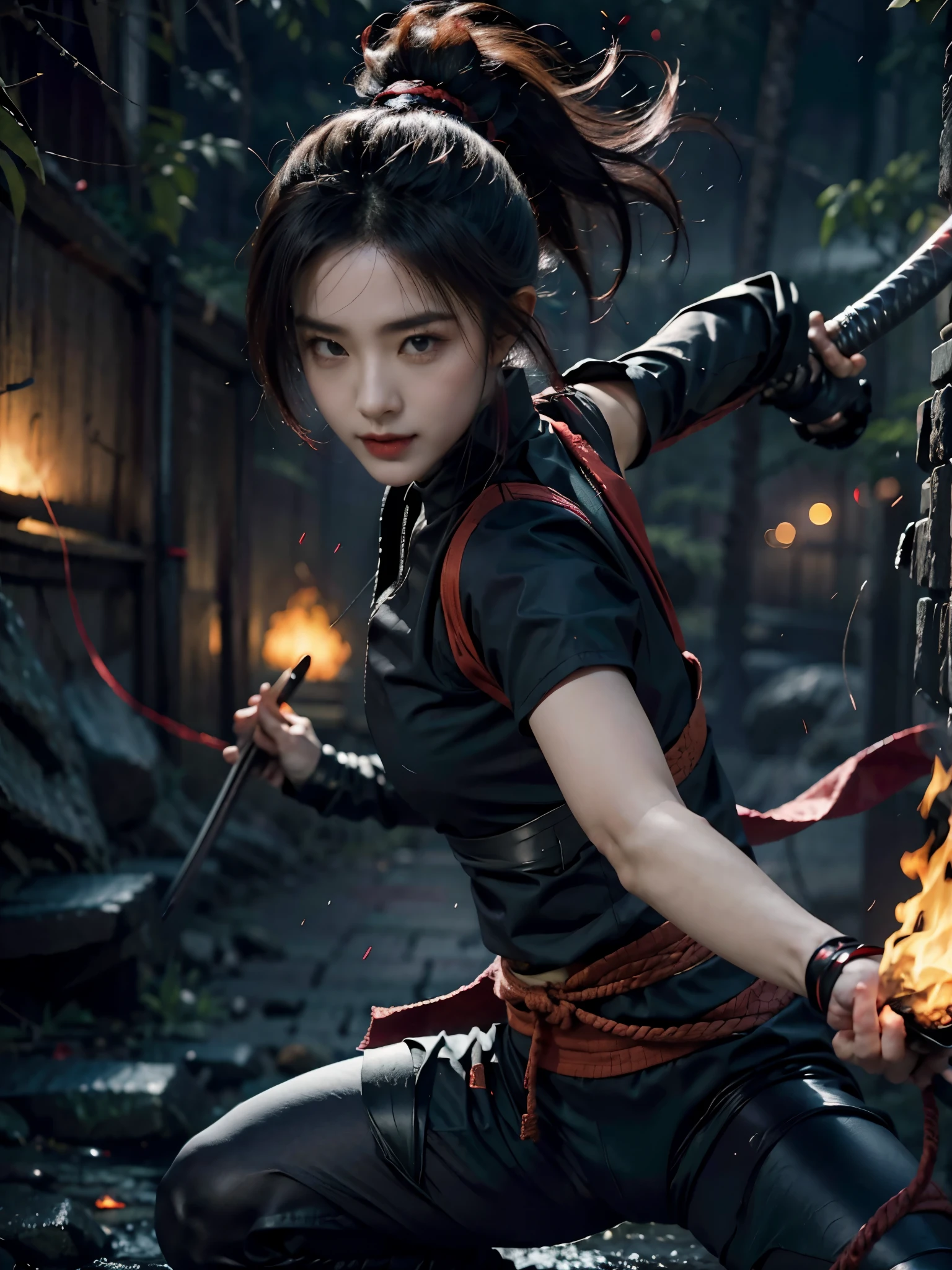 Beautiful girl fused with a spider. Kunoichi. Ninja Woman. Female Solo,holding a fire katana,jumping,attack enemies