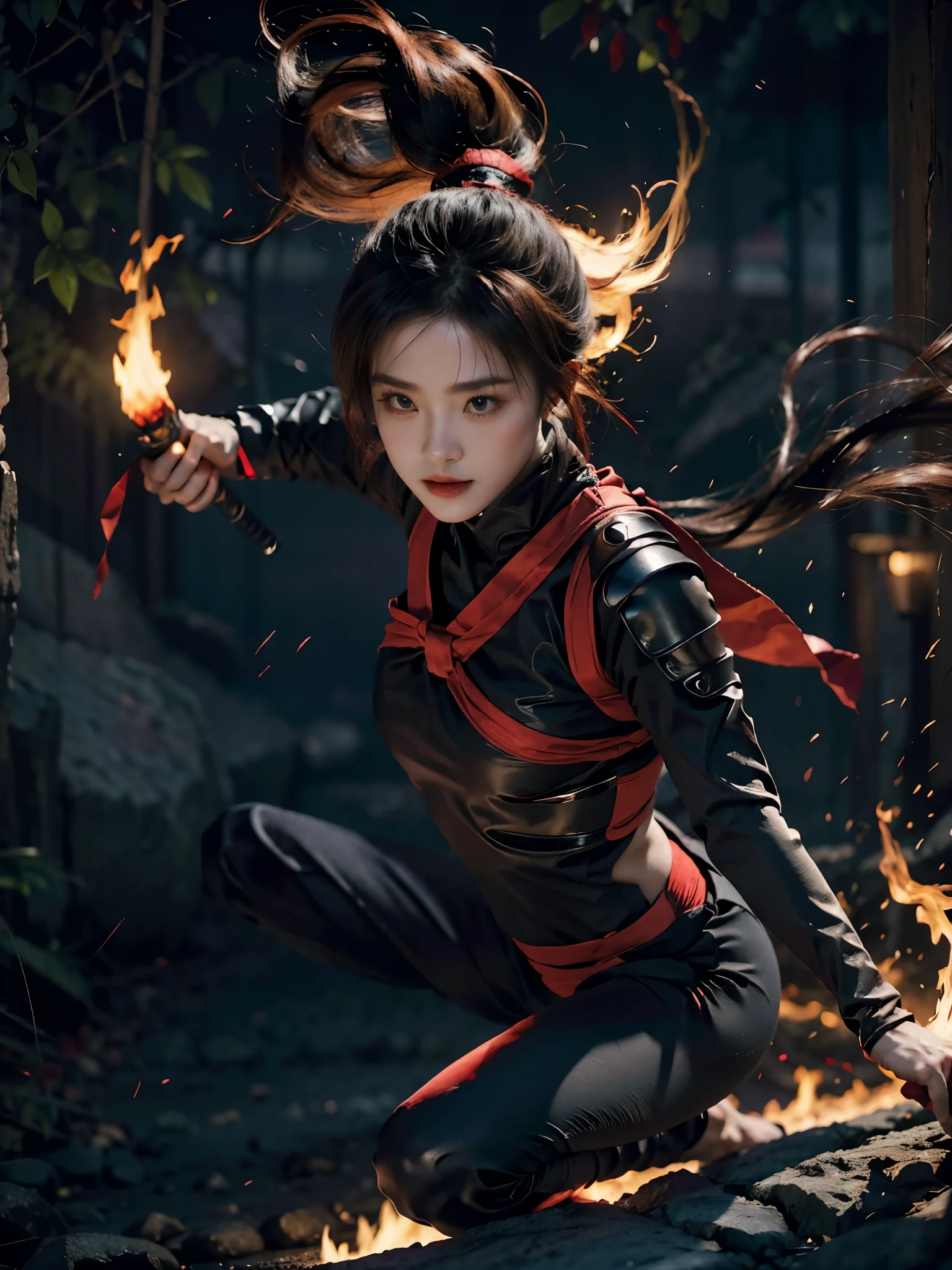 Beautiful girl fused with a spider. Kunoichi. Ninja Woman. Female Solo,holding a fire katana,jumping,attack enemies