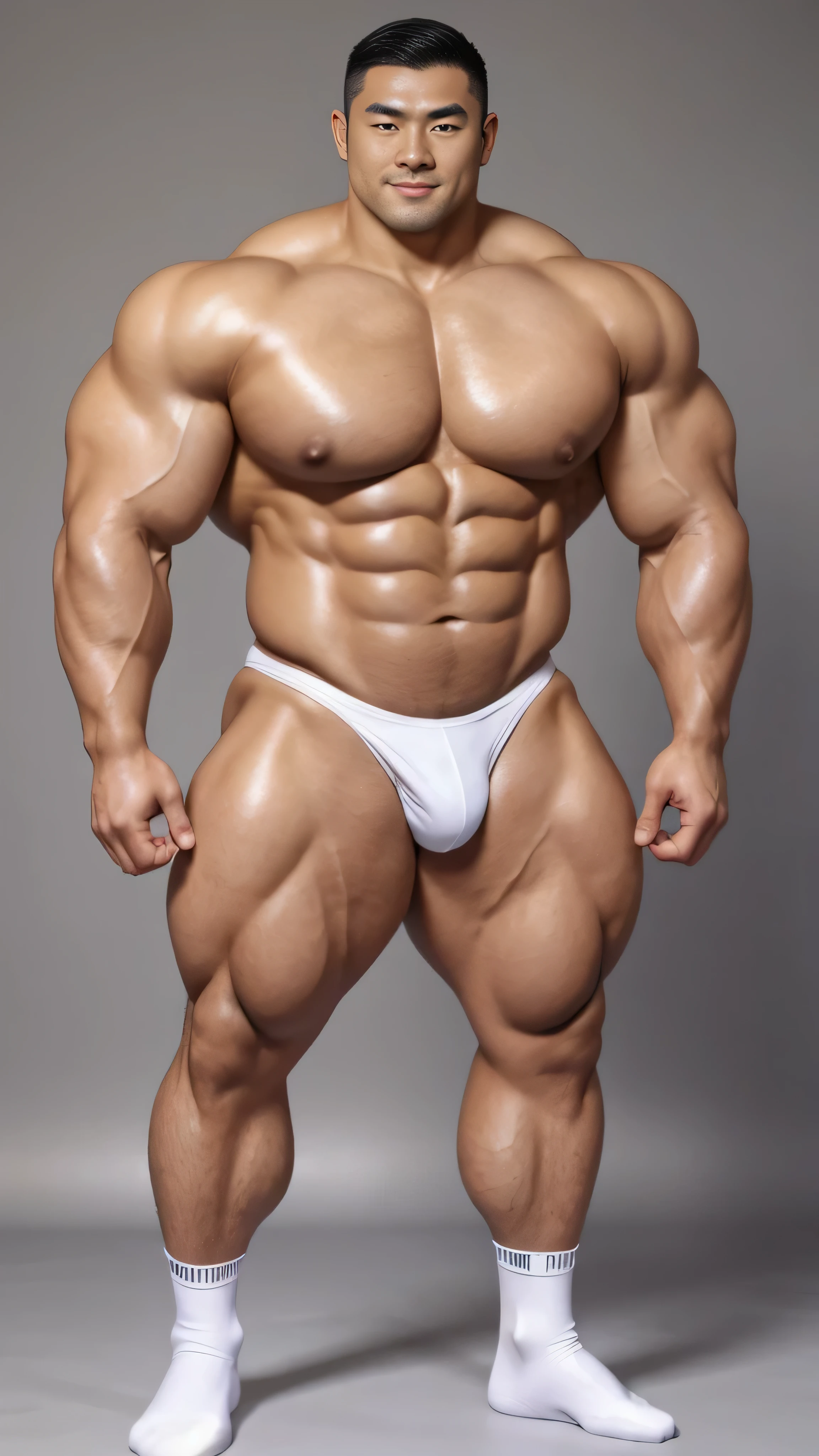 a chinese bodybuilder,30 years old,Tall and handsome, toned body,short hair, O-shaped beard,Perfect body, Dark and shiny complexion,Smooth skin,The body is hairless,Muscle bulge, muscular, Very big pecs,Very y abs,Leg muscles are very developed,Huge bumpy area,Brighten oily skin,Wearing a gold leather shiny thong,handsome face, Correct and accurate male body proportions, full-body shot, shiny muscular skin,wear white socks,standing in front of gray background board。