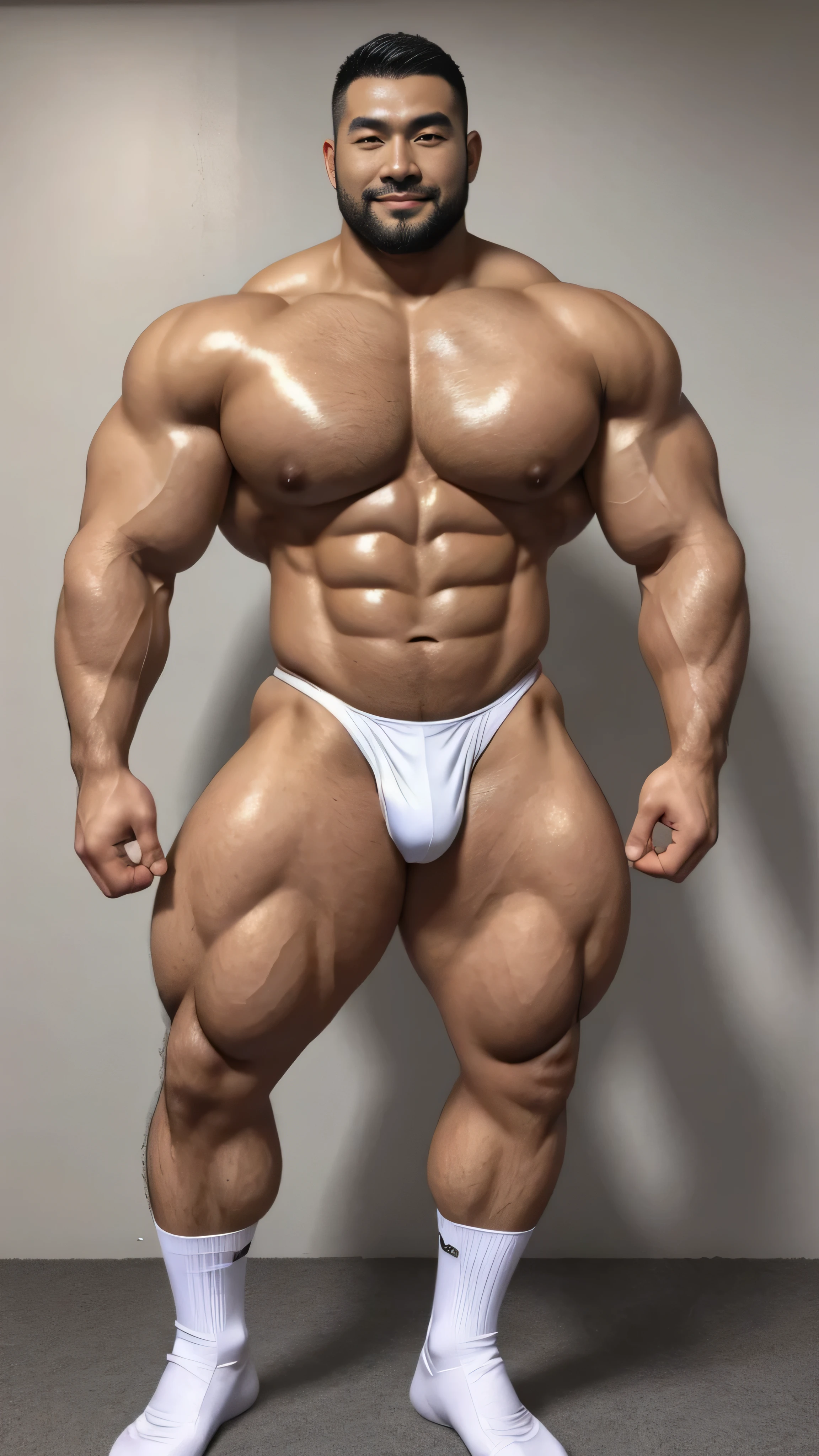 a chinese bodybuilder,30 years old,Tall and handsome, toned body,short hair, O-shaped beard,Perfect body, Dark and shiny complexion,Smooth skin,The body is hairless,Muscle bulge, muscular, Very big pecs,Very sexy abs,Leg muscles are very developed,Huge bumpy area,Brighten oily skin,Wearing a gold leather shiny thong,handsome face, Correct and accurate male body proportions, full-body shot, shiny muscular skin,wear white socks,standing in front of gray background board。