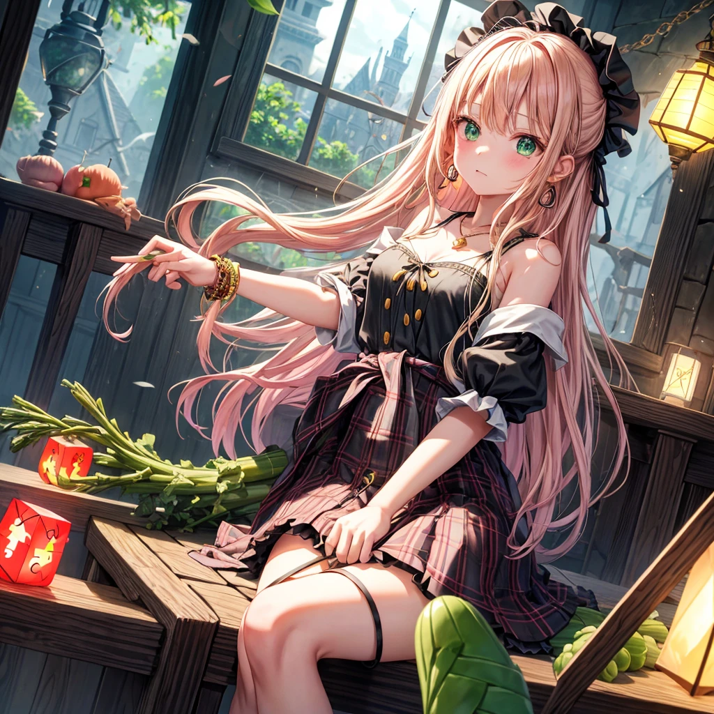 pink blonde、green eyes、one good looking girl、solo、anime、plaid mini skirt、the skirt has buttons、black camisole、black t-shirt、dress、wearing a ribbon、ribbon at waist、cloak、hood、clouds are swirling、stone slabs are piled up、one hand raised、crystal earrings、vegetable garden、monster castle、ceiling、golden key、jewelry necklace、Light and shadow、window、Hundreds of Ghosts at Night、lantern、sitting、legs crossed、mirror、Carrot、asparagus、tomato、green pepper、tunnel、clock、Stuck in the wall、tail、Rubik's Square、steam