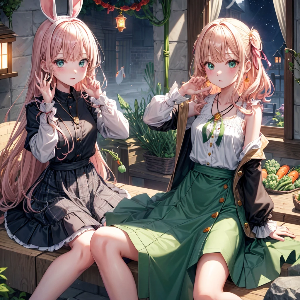 pink blonde、green eyes、one good looking girl、solo、anime、plaid mini skirt、the skirt has buttons、black camisole、black t-shirt、dress、wearing a ribbon、ribbon at waist、cloak、hood、clouds are swirling、stone slabs are piled up、raising one hand、crystal earrings、vegetable garden、monster castle、ceiling、golden key、jewelry necklace、Light and shadow、window、Hundreds of Ghosts at Night、lantern、sitting、legs crossed、mirror、Carrot、asparagus、tomato、green pepper、tunnel、clock、Stuck in the wall、tail、Rubik's Square、steam