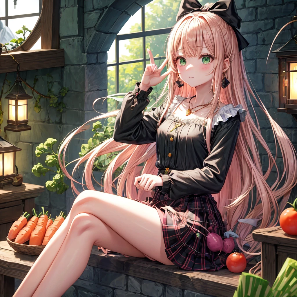 pink blonde、green eyes、one good looking girl、solo、anime、plaid mini skirt、the skirt has buttons、black camisole、black t-shirt、dress、wearing a ribbon、ribbon at waist、cloak、hood、clouds are swirling、stone slabs are piled up、raising one hand、crystal earrings、vegetable garden、monster castle、ceiling、golden key、jewelry necklace、Light and shadow、window、Hundreds of Ghosts at Night、lantern、sitting、legs crossed、mirror、Carrot、asparagus、tomato、green pepper、tunnel、clock、Stuck in the wall、tail、Rubik&#39;s Square、steam