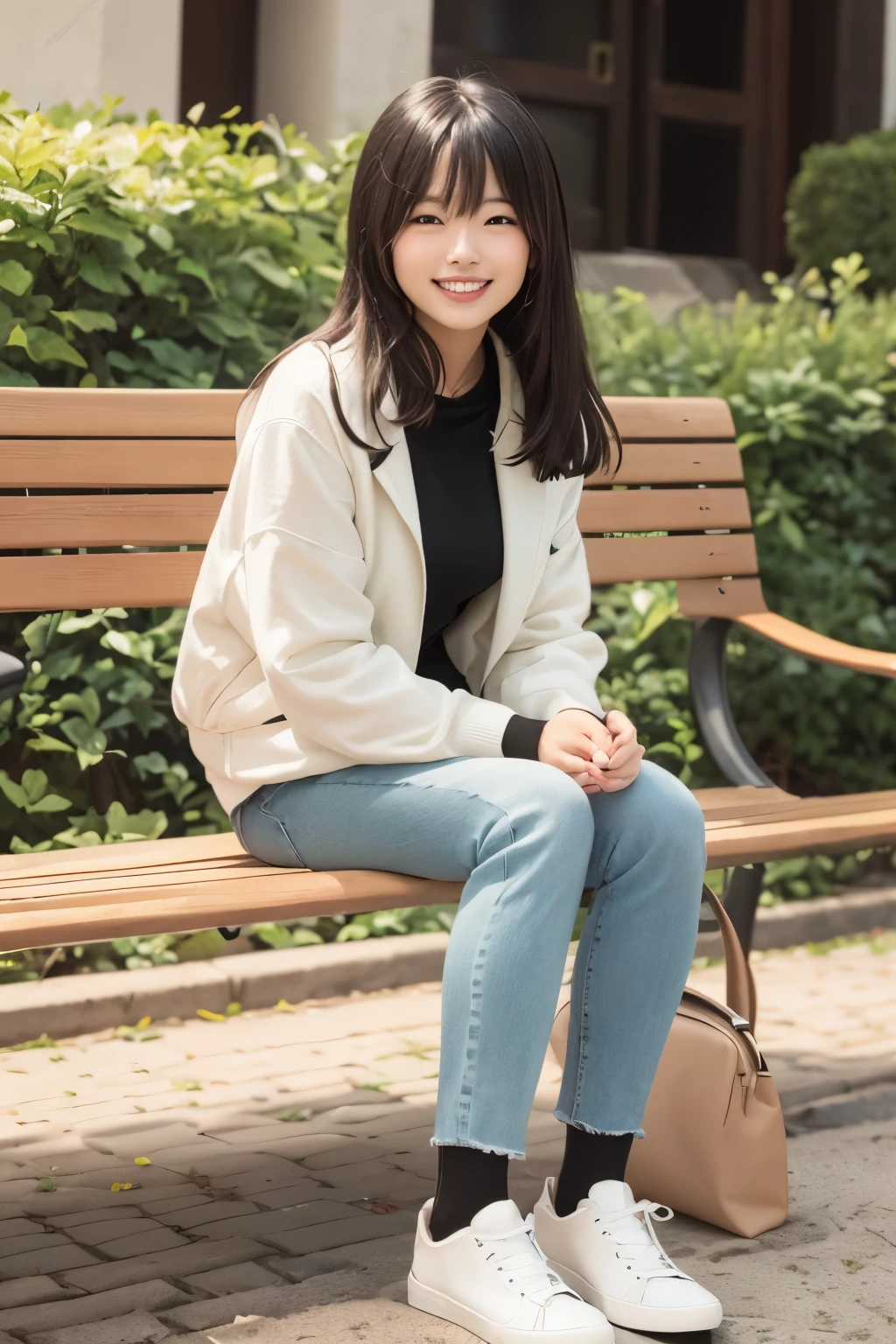 A neat and beautiful woman sitting on a park bench、black hair、hoodie、skinny denim、loafers、socks slightly visible through shoes、refreshing smile、smile showing teeth、full body photo、