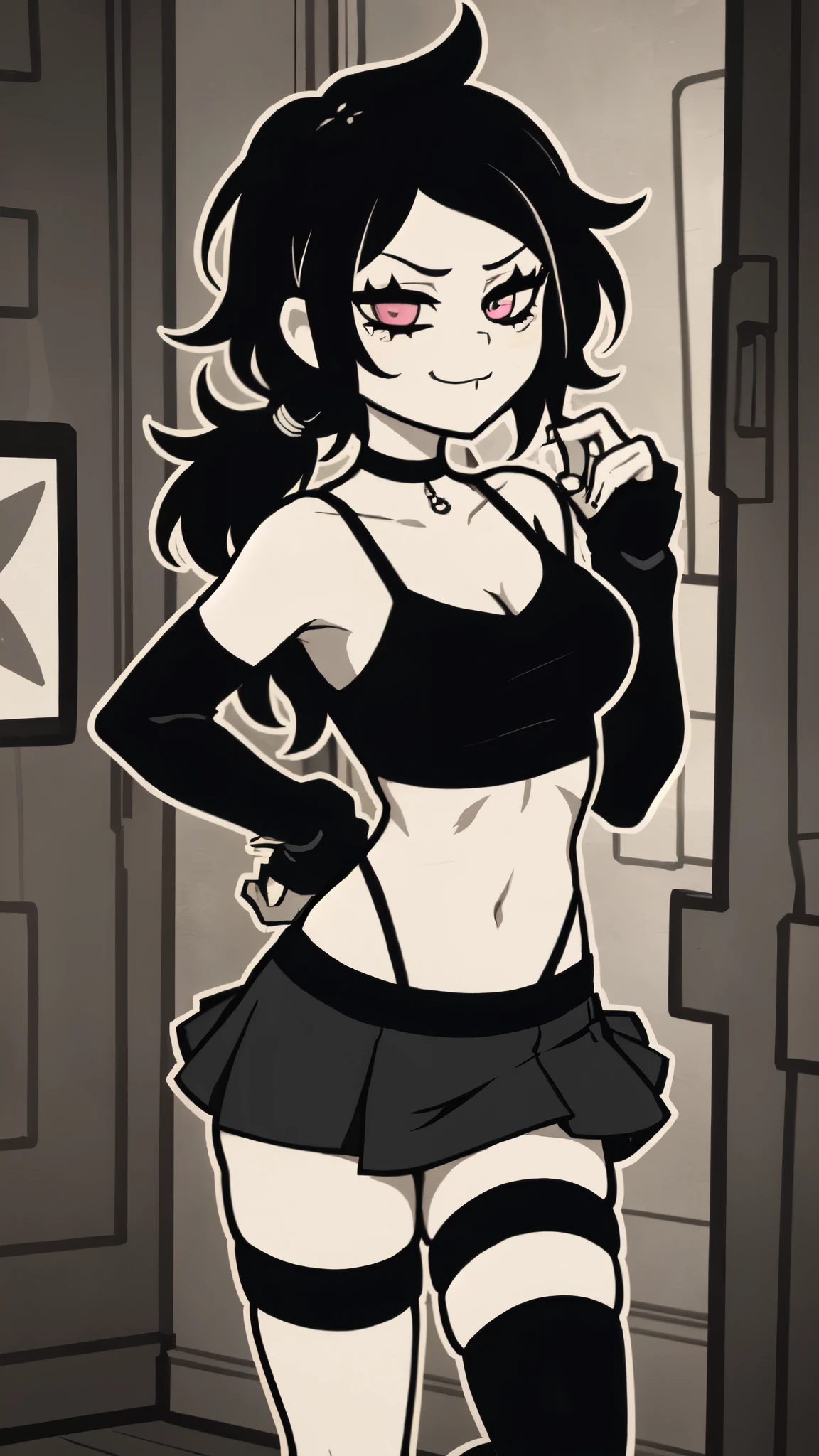 ashleyvk, 1girl, solo, black hair, medium breasts, choker, long hair, anime coloring, bare shoulders, mini skirt, smug smile, goth aesthetic, midriff, Black eyeliner, stockings, sleeveless, provocative, 