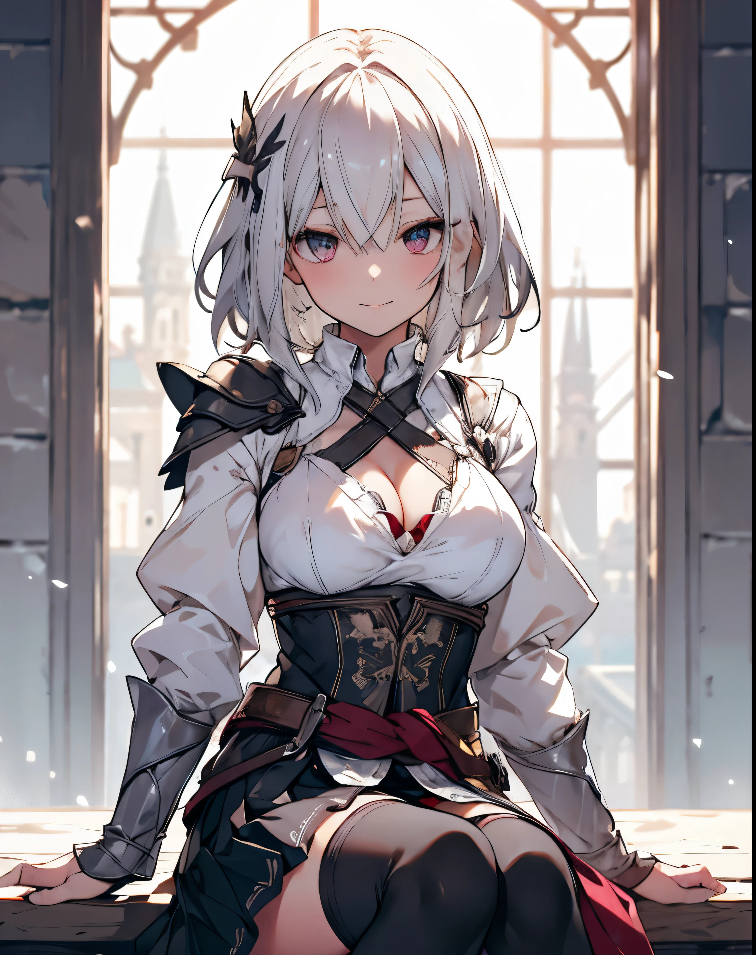 masterpiece,1girl, sparrow, a silver haired girl, wearing a medieval clothes, wavy short hair, messy hair, black skirt, slim body, medium breasts, she close her left eye, shirt ornament, lolippai, seductive expression, beautiful breasts, rounded breasts, crimson eyes, dress, miniskirt, sit in medieval tavern, ahoge, seductive smile, breast armor,