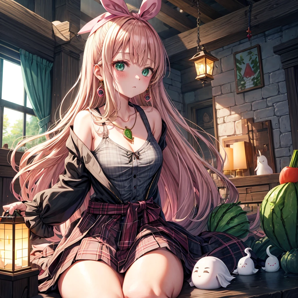 pink blonde、green eyes、one good looking girl、solo、anime、plaid mini skirt、the skirt has buttons、black camisole、black t-shirt、dress、wearing a ribbon、ribbon at waist、cloak、hood、clouds are swirling、stone slabs are piled up、raising one hand、crystal earrings、vegetable garden、monster castle、ceiling、golden key、jewelry necklace、Light and shadow、window、Hundreds of Ghosts at Night、lantern、sitting、legs crossed、mirror、Carrot、asparagus、tomato、green pepper、tunnel、clock、Stuck in the wall、tail、Rubik's Square、steam
