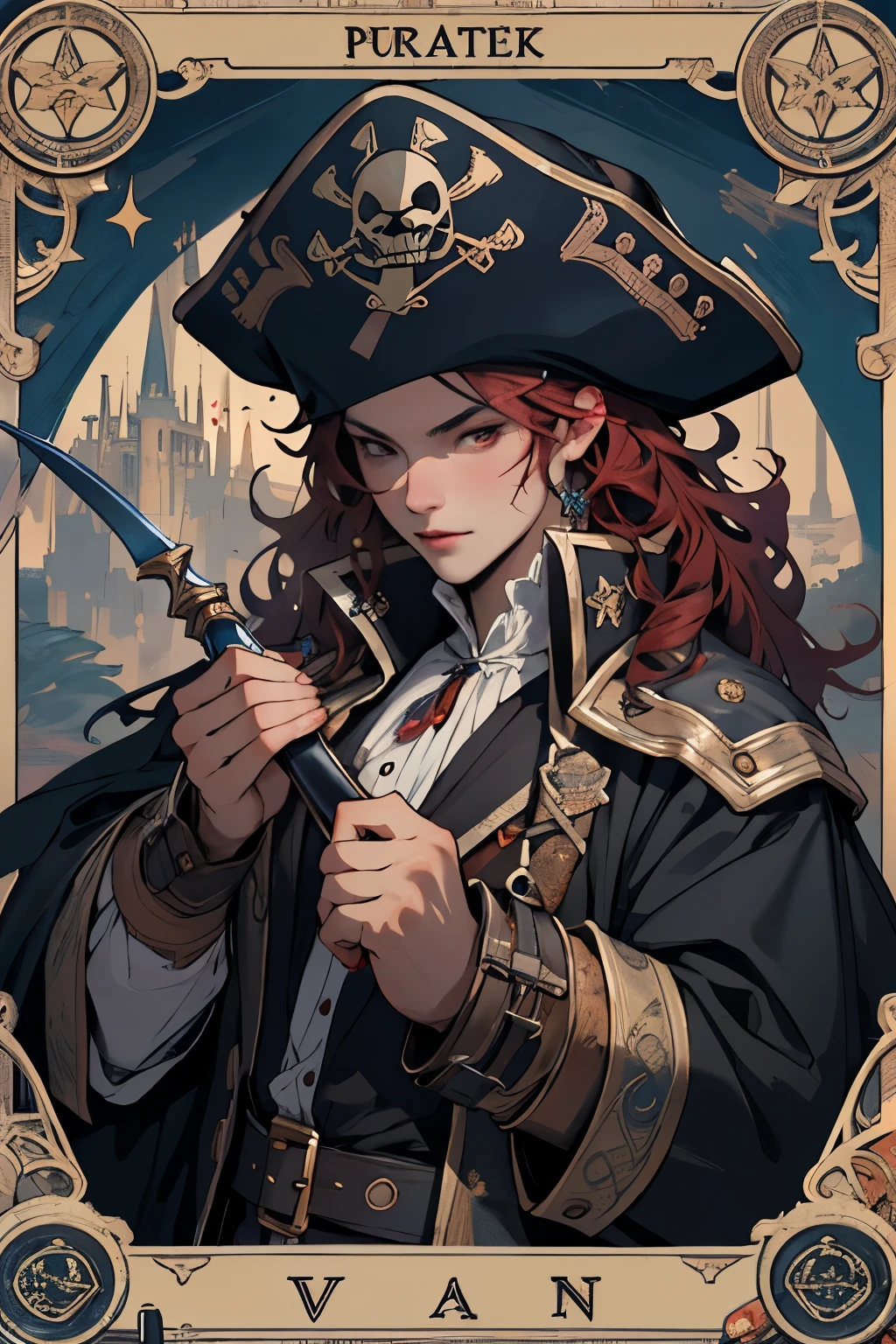 1 lady, pirate, (long black and red curly hair:1.1), blood eyes, Victoria coat,pirate hat, hold a rapier, (zendispute, mandala, dispute, endispute:0.6),(Fractal art),Chaos in its most beautiful form,Mucha art style, consciousness, steam Punk, Tarot card Frame