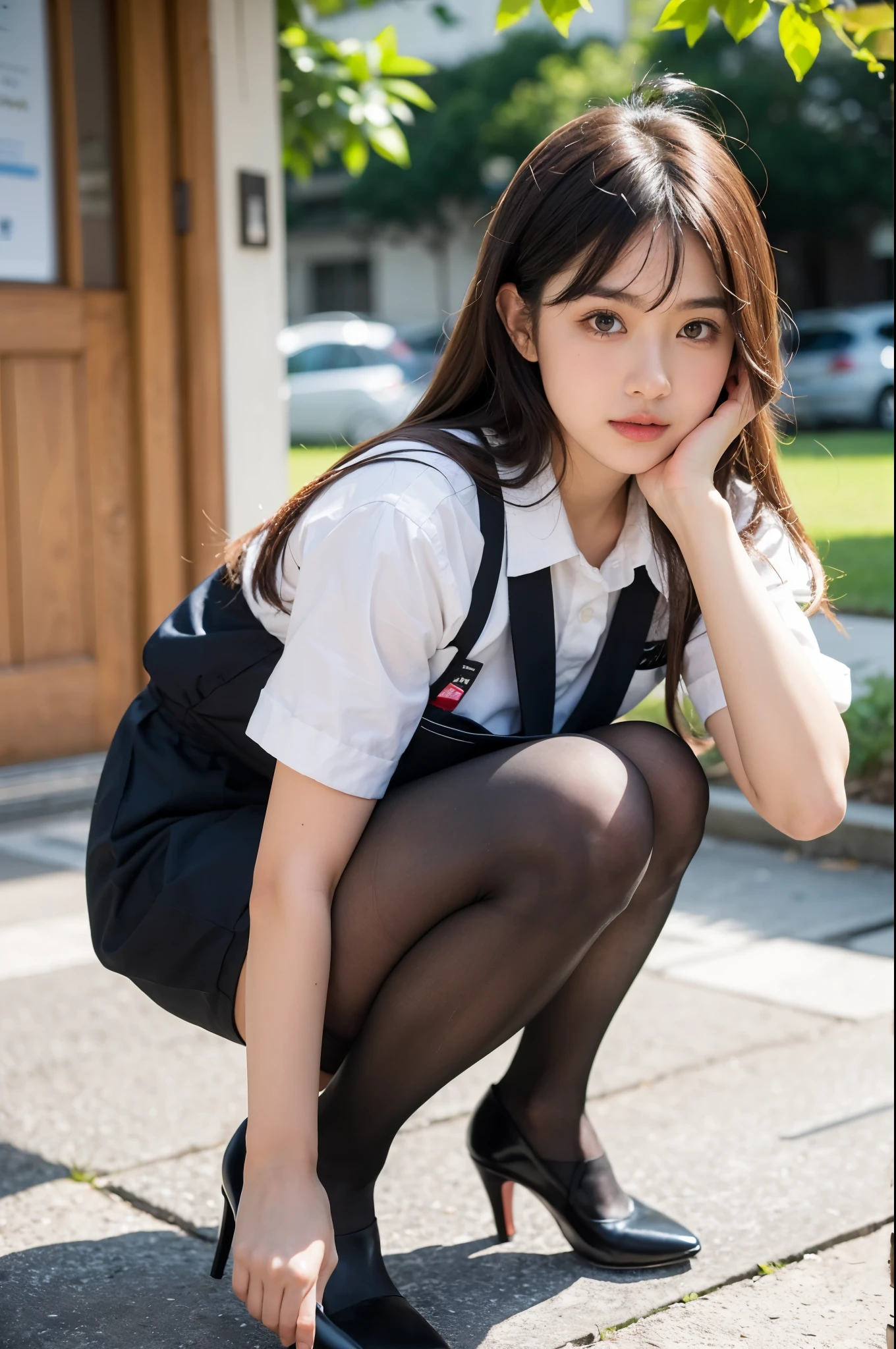 Pure Japanese school girl, outstanding body, beautiful legs, wearing uniform, high heels, pantyhose, natural hairstyles, sweet smile, sexual attractive, sitting, spread wide legs, refreshing in early summer, 