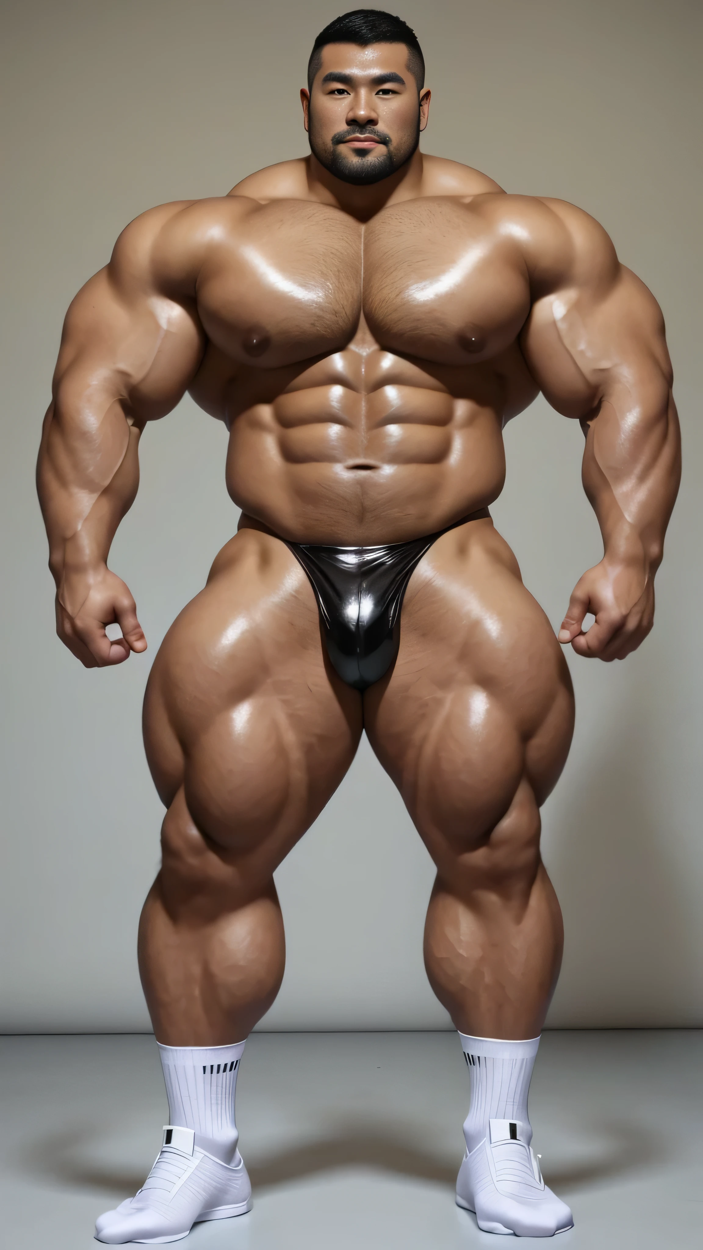 a chinese bodybuilder,30 years old,Tall and handsome, toned body,short hair, O-shaped beard,Perfect body, Dark and shiny complexion,Smooth skin,The body is hairless,Muscle bulge, muscular, Very big pecs,Very sexy abs,Leg muscles are very developed,Huge bumpy area,Brighten oily skin,Wearing a gold leather shiny thong,handsome face, Correct and accurate male body proportions, full-body shot, shiny muscular skin,wear white socks,standing in front of gray background board。