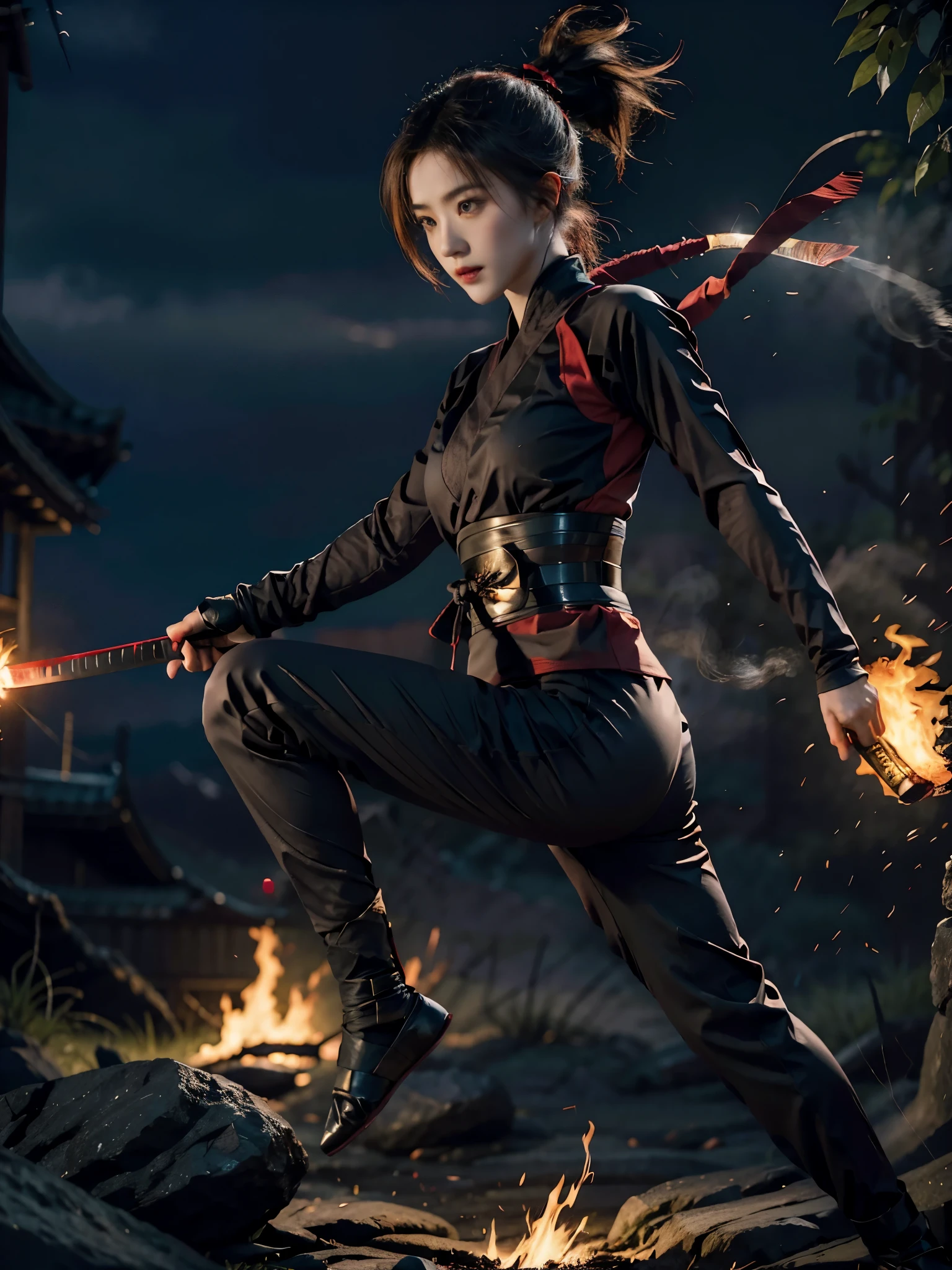 Beautiful girl,Kunoichi. Ninja Woman. Female Solo,holding a fire katana,showing high kick