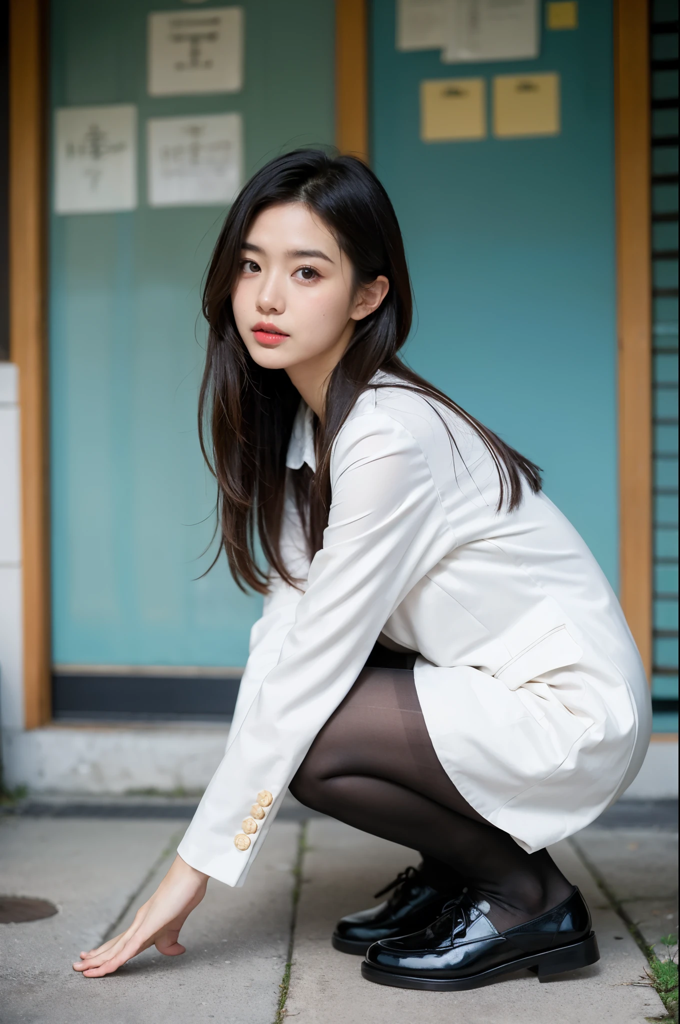 ulzzang-6500-v1.1, (RAW photo:1.2), (Photoreal), (genuine:1.4), (muste piece), Idol high school girl in school uniform crouching on the floor, (super realistic pantyhose:1.3), anime girl cosplay, seifuku, japanese school uniform, japanese girl uniform, Chiho, anime cosplay, cosplay photo, sakimichan, wearing japanese school uniform, ayaka cosplay, japanese model, real anime girl, young gravure idol, shikamimi
