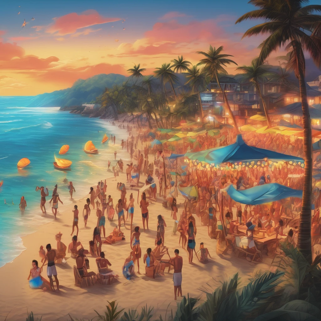 a crowded beach with people dancing and enjoying the parties, aesthetic, extremely detailed, colorful umbrellas and beach chairs, refreshing drinks and cocktails, upbeat music playing in the background, beach volleyball game in progress, children building sandcastles, beautiful sunset view on the horizon, palm trees swaying in the breeze, clear blue waters with waves crashing on the shore, people wearing swimsuits and sunglasses, vibrant and energetic atmosphere, happy and smiling faces, sandy beach with seashells scattered around, sunscreen lotion and towels, beach bonfire with people roasting marshmallows and singing, fireworks lighting up the sky, beachside bar serving tropical drinks, laughter and joyful conversations, cool ocean breeze, vibrant and dynamic colors, golden sunlight reflecting on the water, beachside food stalls offering delicious snacks and seafood, beach parties decorations with banners and balloons. (best quality,4k,8k,highres,masterpiece:1.2),ultra-detailed,(realistic,photorealistic,photo-realistic:1.37), HDR, UHD, studio lighting, extreme detail description, professional, vivid colors, bokeh, beach , portraits, landscape