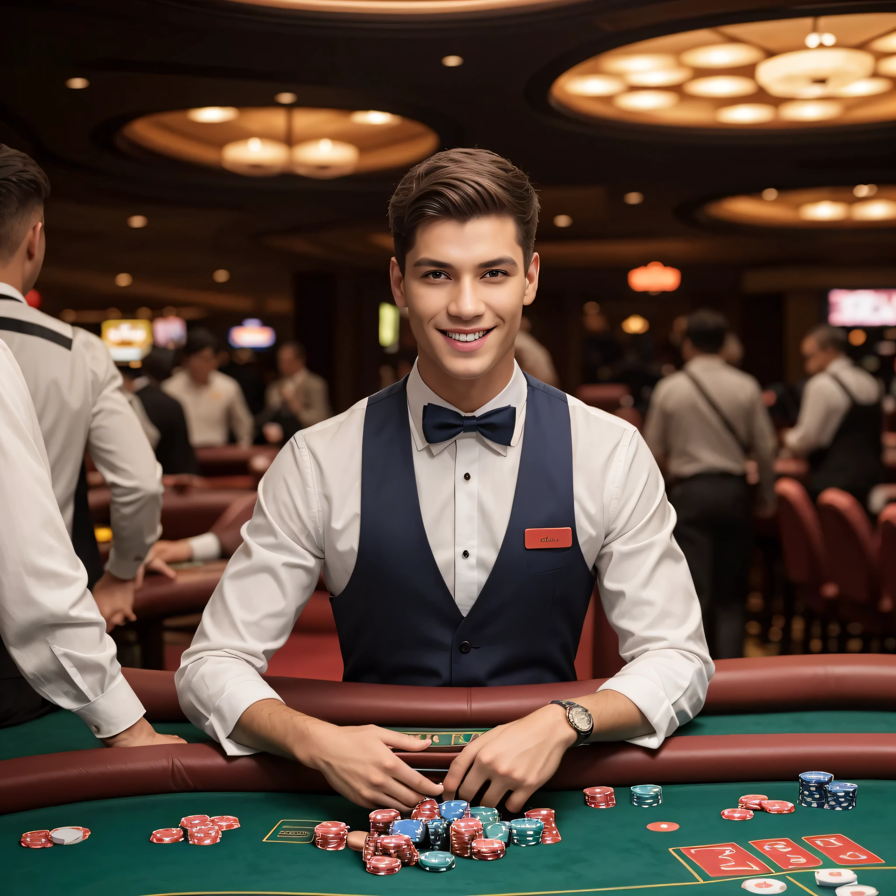 RAW photo,full body shot of smiling canadian man, dealing poker behind casino table,white gloves,poker dealer uniform, professional casino dealer uniform,(extremely detailed CG unity 8k wallpaper),slim body, face incredibly detailed, lips, realistic,skin tight, masterpiece,best quality, Intricate, High Detail, dramatic,