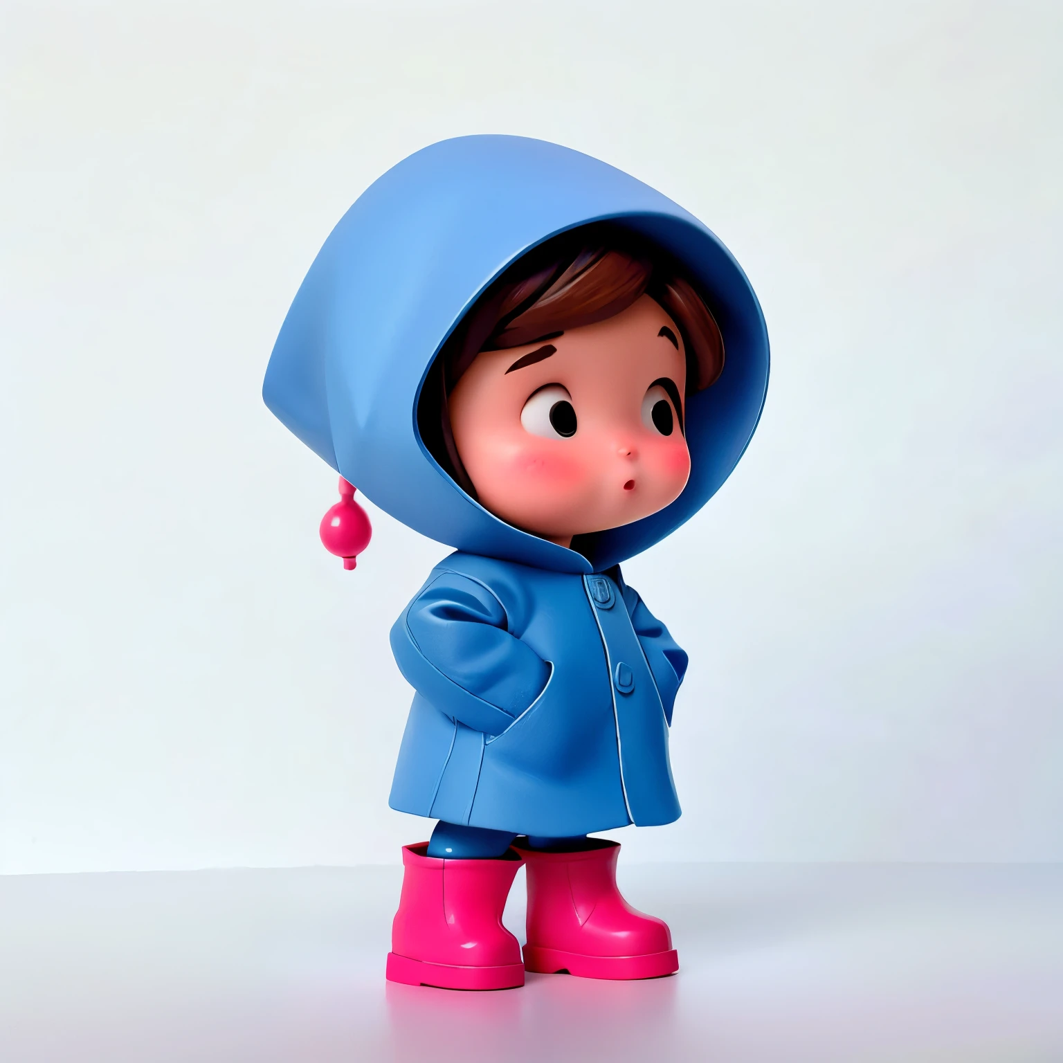 (masterpiece, best quality:1.2),1 miniature cartoon character, alone， hands in pockets，Wearing hat and raincoat,blue rain boots,  outdoor background，rich colors，