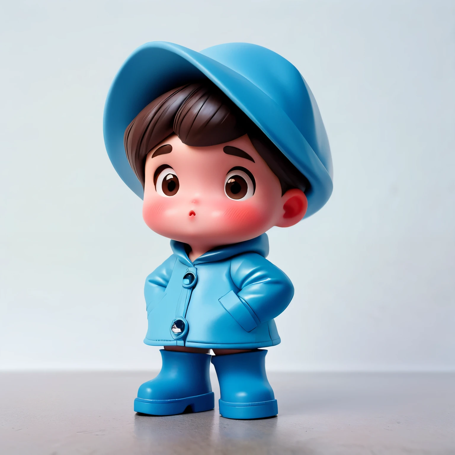 (masterpiece, best quality:1.2),1 miniature cartoon character, alone， hands in pockets，Wearing hat and raincoat,blue rain boots,  outdoor background，rich colors，