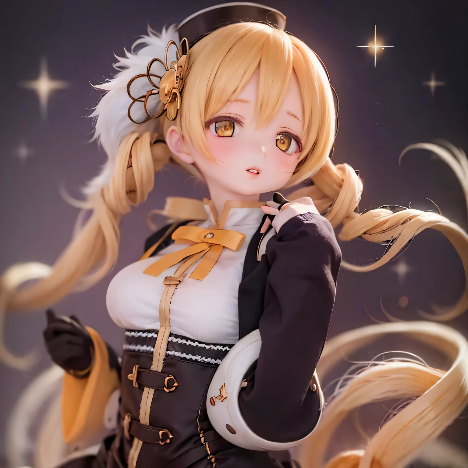 (best quality,ultra-detailed,masterpiece:1.2),expressive eyes,perfect face,beautiful Mami Tomoe,sofisticated pose,long pink hair,golden eyes,soft pink lips,detailed magical girl costume,dark background,glowing ,anime style,soft lighting,vibrant colors,mysterious aura cute (((((thick lips)))))(curvy)full body