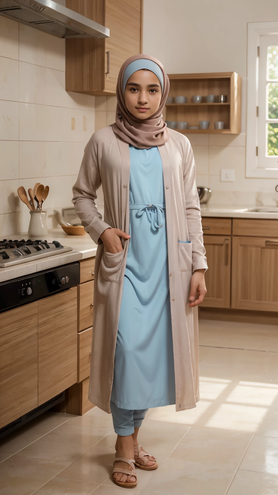 (masterpiece), (best quality), (ultra detailed),(illustration), (1man), A small and delicate young man with detailed face features wearing a perfect hijab, pastel abaya dress, cardigan, and sandals standing in the kitchen with feminine pose and shy expression, he is facing to the camera.