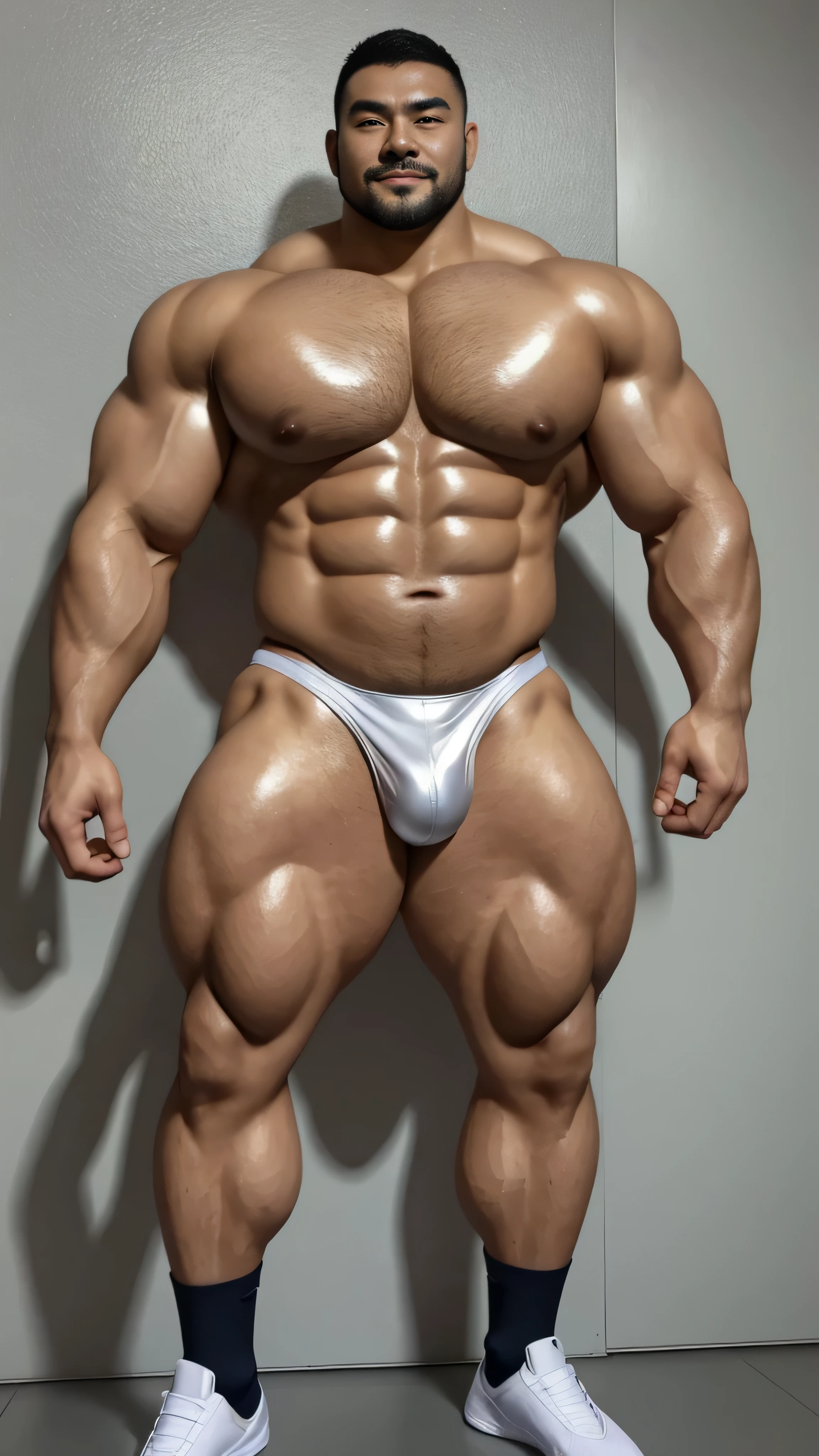 a chinese bodybuilder,30 years old,Tall and handsome, toned body,short hair, O-shaped beard,Perfect body, Dark and shiny complexion,Smooth skin,The body is hairless,Muscle bulge, muscular, Very big pecs,Very sexy abs,Leg muscles are very developed,Huge bumpy area,Brighten oily skin,Wearing a gold leather shiny thong,handsome face, Correct and accurate male body proportions, full-body shot, shiny muscular skin,wear white socks,standing in front of gray background board。