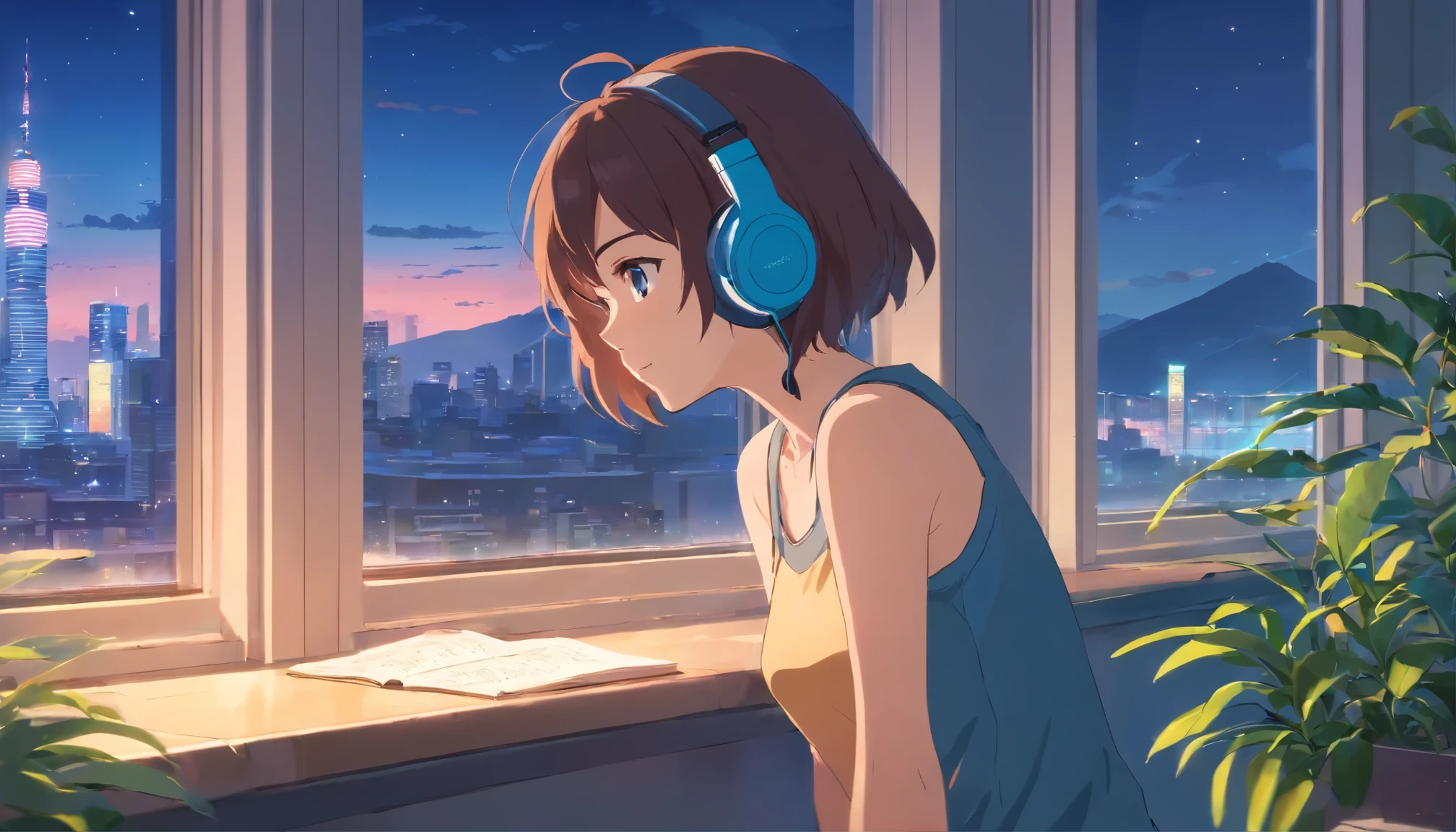 anime girl with headphones looking out a window at a city, lofi girl, anime vibes, lofi artstyle, anime style 4 k, anime aesthetic, nightcore, lofi feel, lofi art, anime art wallpaper 4 k, anime art wallpaper 4k, anime wallpaper 4 k, anime wallpaper 4k, lofi vibes, studying, short skirt, Tank-top, midriff-baring outfit, plants in the room