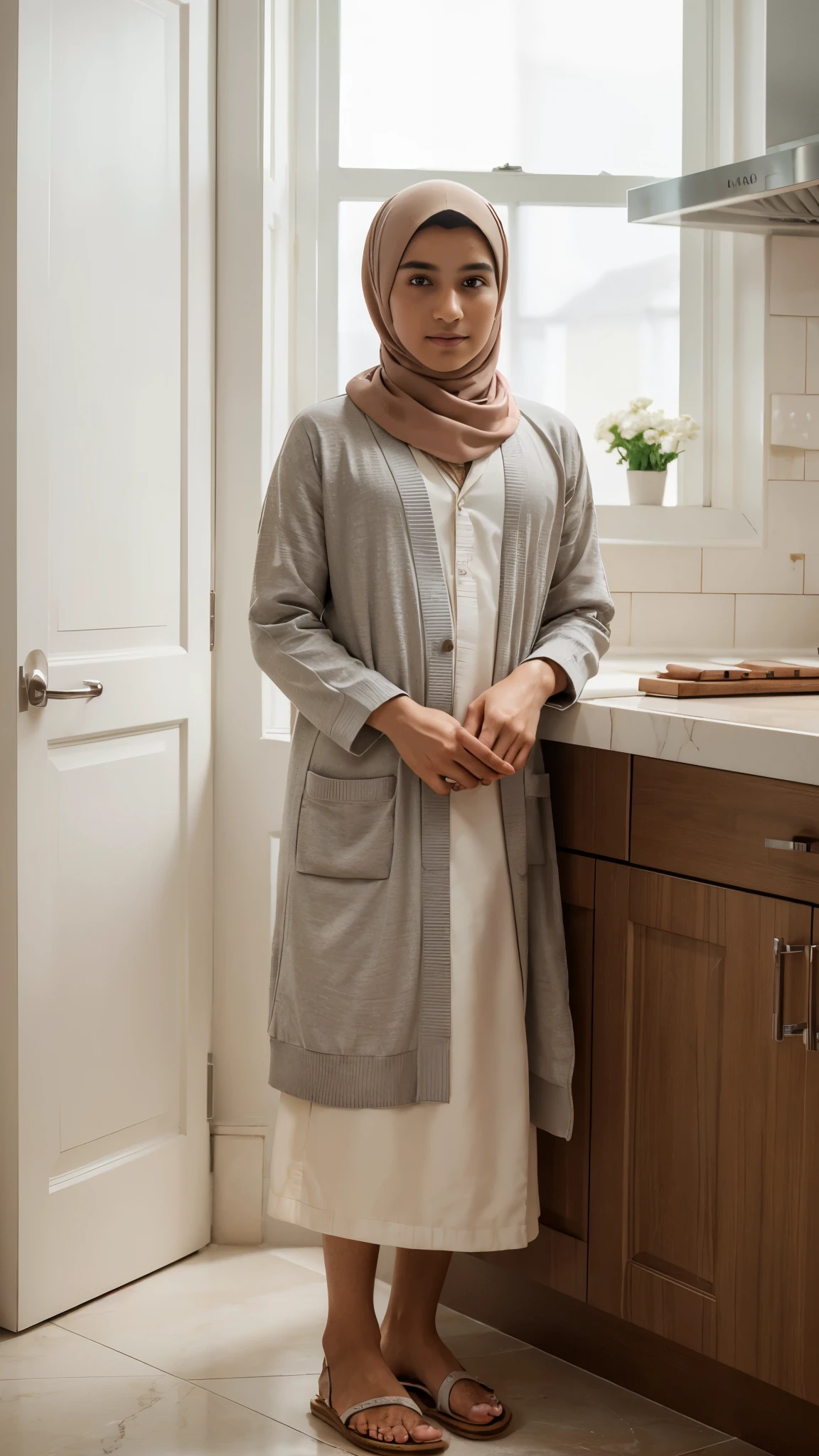 (masterpiece), (best quality), (ultra detailed),(illustration), (1man), A small and delicate young man with detailed face features wearing a perfect hijab, pastel abaya dress, cardigan, and sandals standing in the kitchen with feminine pose and shy expression, he is facing to the camera.