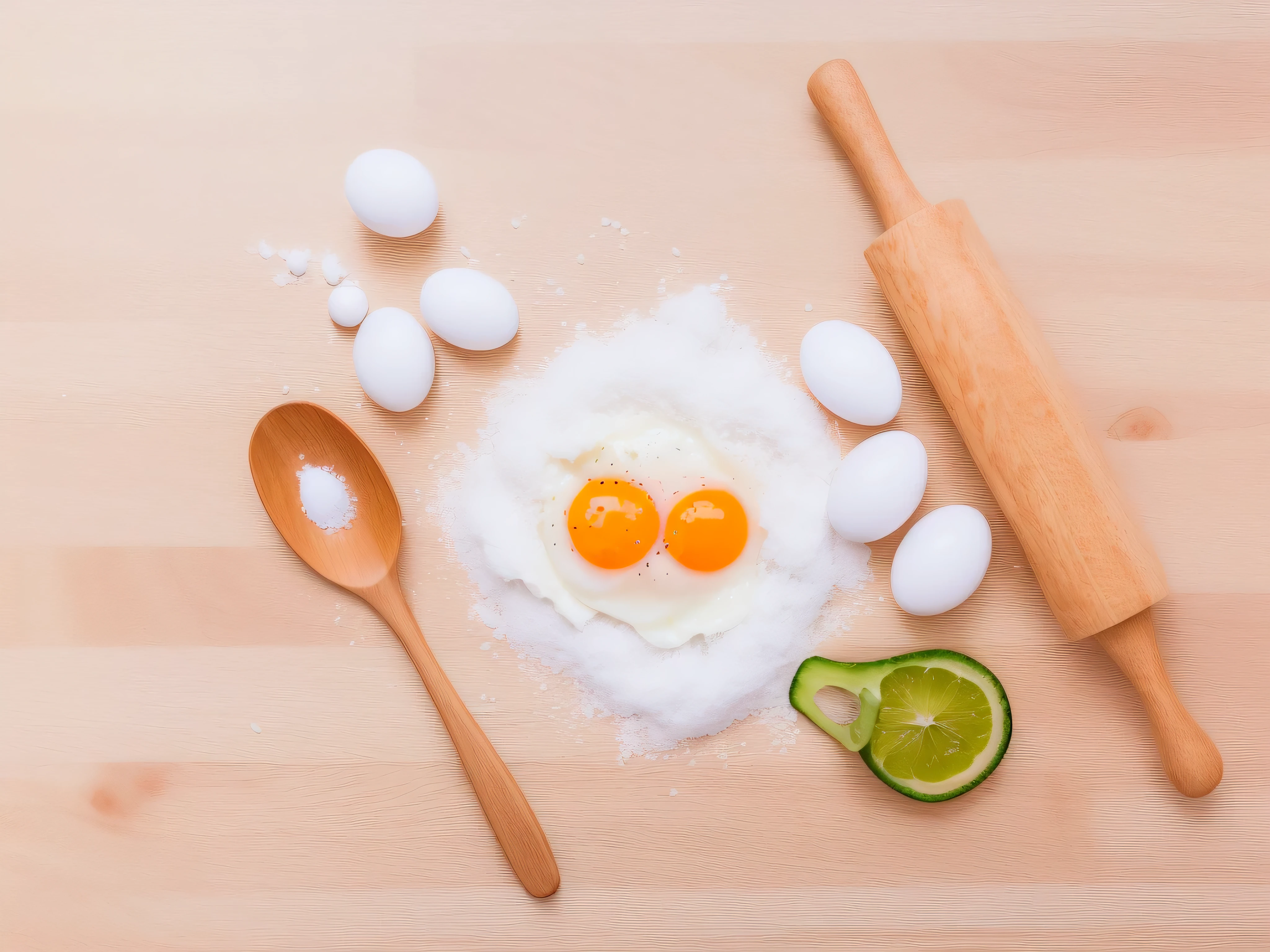 there are eggs and a rolling pin on a table with a rolling pin, ingredients on the table, raw egg yolks, strange ingredients on the table, cuisine, eggs, recipe, egg yolk, shutterstock, culinary art photography, on a wooden table, high quality food photography, cooking, commercial product photography, istock, battered, chicken, on kitchen table