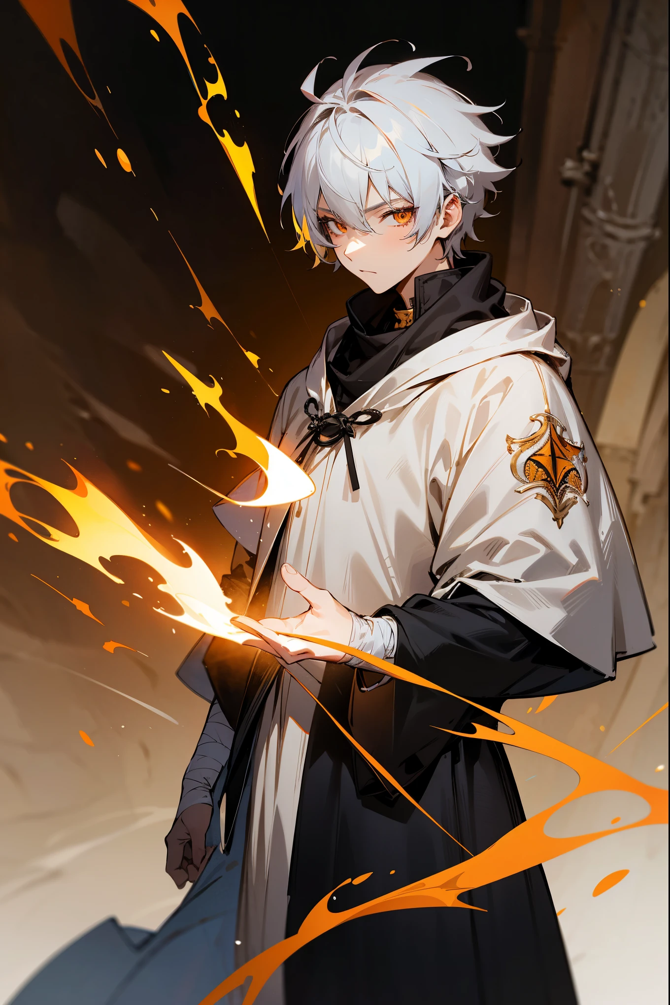 1male, silver hair, short messy hair, orange eyes, black clothing, (old medieval clothing), large white overcoat, orange accented clothing, black bandages, black wrappings, standing on path, lean, expressionless, (guild hall background), detailed background, burning, fire