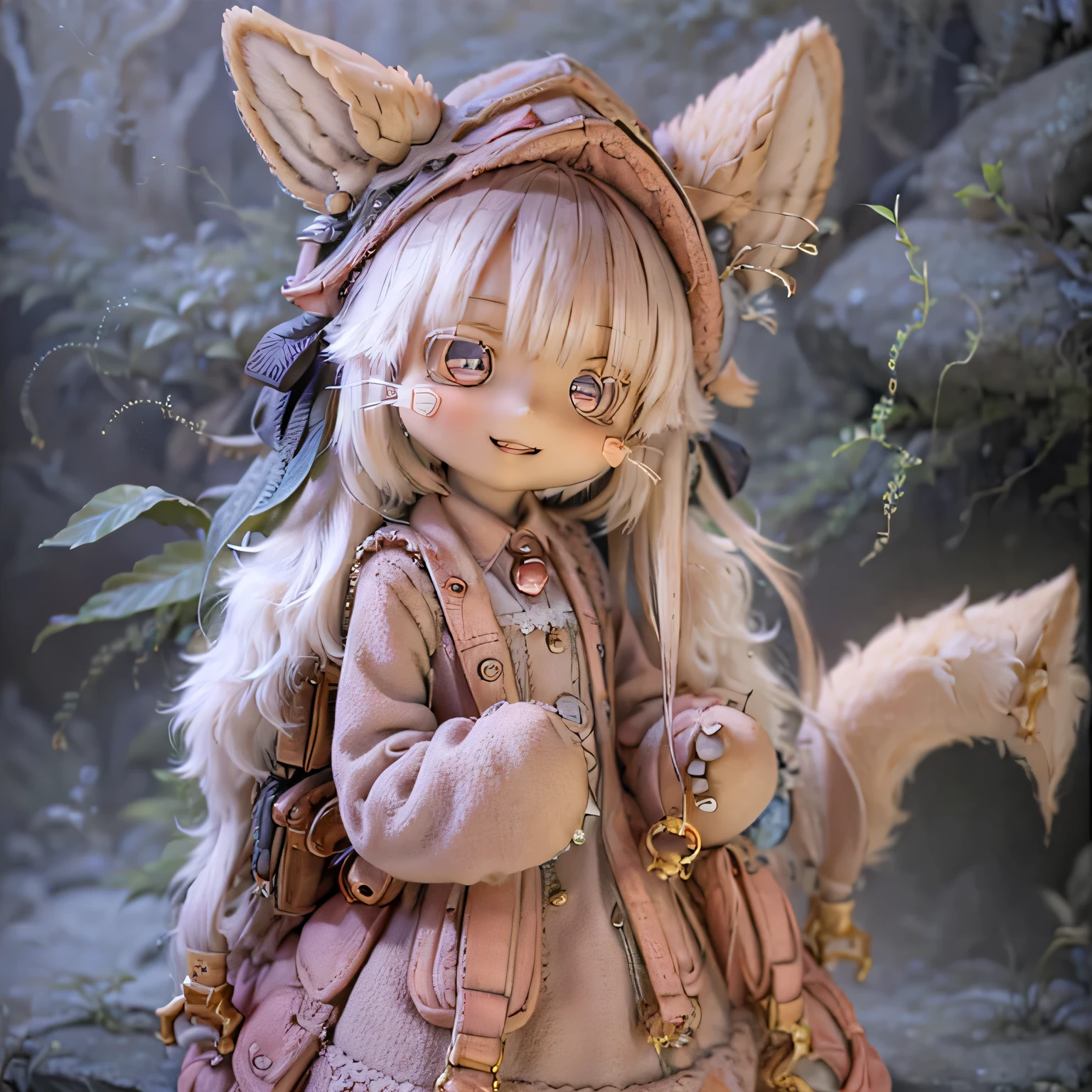 In a garden, a girl with a smile on her face, resembling Nanachi from Made in Abyss. She has beautiful, detailed eyes and lips. The girl is depicted in a (((chibi style,))) . The image quality is of the best quality, with ultra-detailed and realistic features. The artwork medium is a combination of illustrations and photorealistic rendering. The colors are vivid and the lighting creates a warm and cheerful atmosphere casual full body(((((cute pink dress)))))