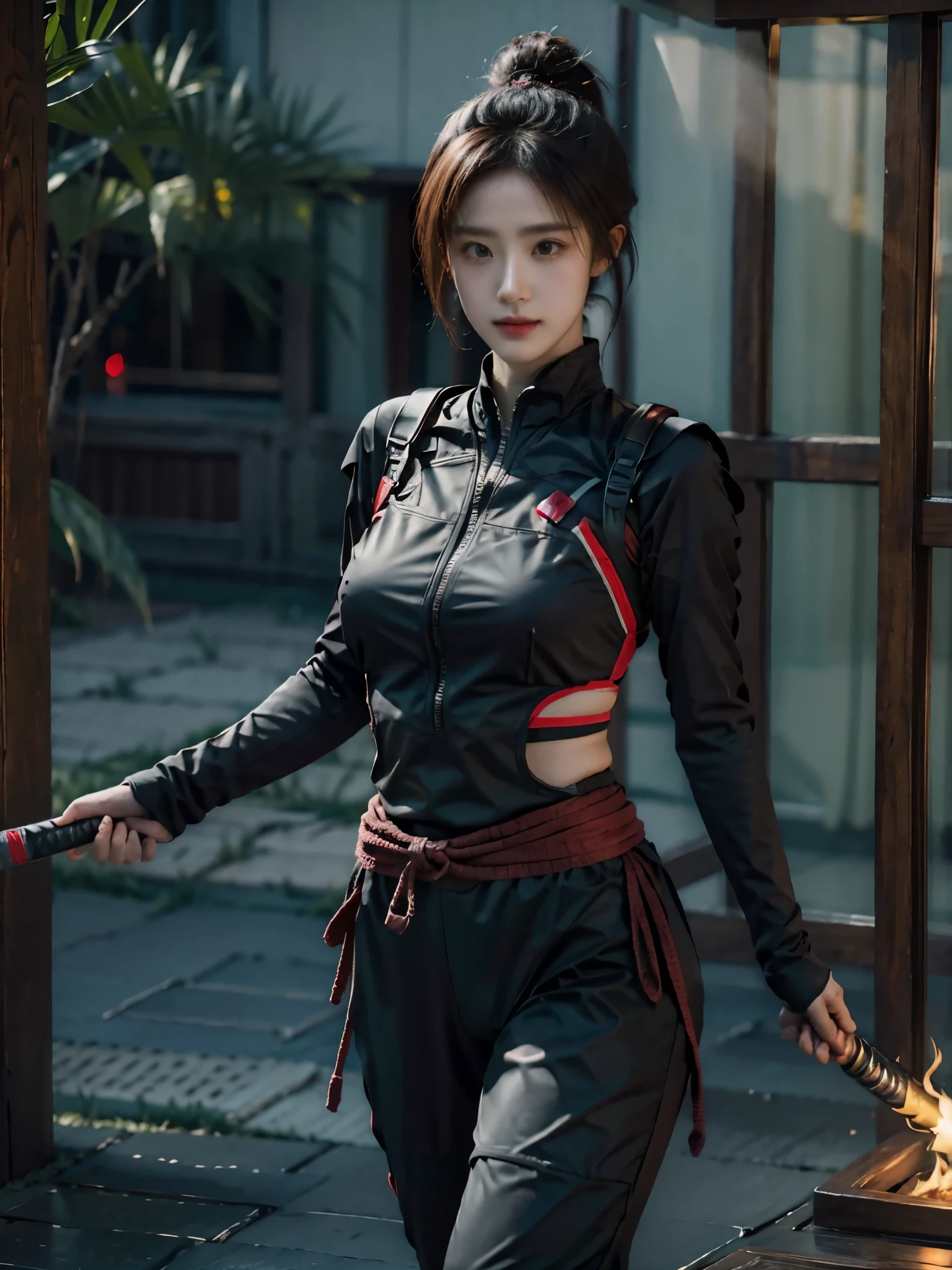 Beautiful girl,Kunoichi. Ninja Woman. Female Solo,holding a fire katana,