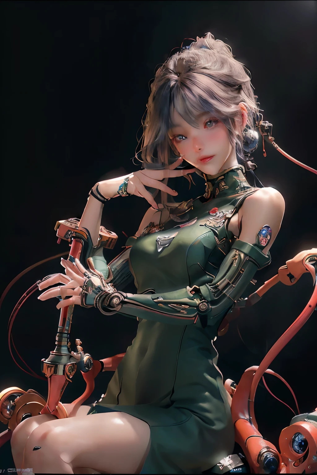 (masterpiece with top-quality details:1.3), (single girl:1.3), extremely intricate and colourful, highest detailed (ultra-realistic), (stunningly beautiful and aesthetic CG illustration:1.3),
(an extremely delicate and intricately designed mechanical girl:1.3), alone, full-body image, (machine-made joints:1.2), precision engineered (mechanical limbs:1.2),
(blood vessels realistically connected to tubes:1.2), (mechanical cervical attachment to neck:1.2), (seated position:1.2), expressionless,
(wires and