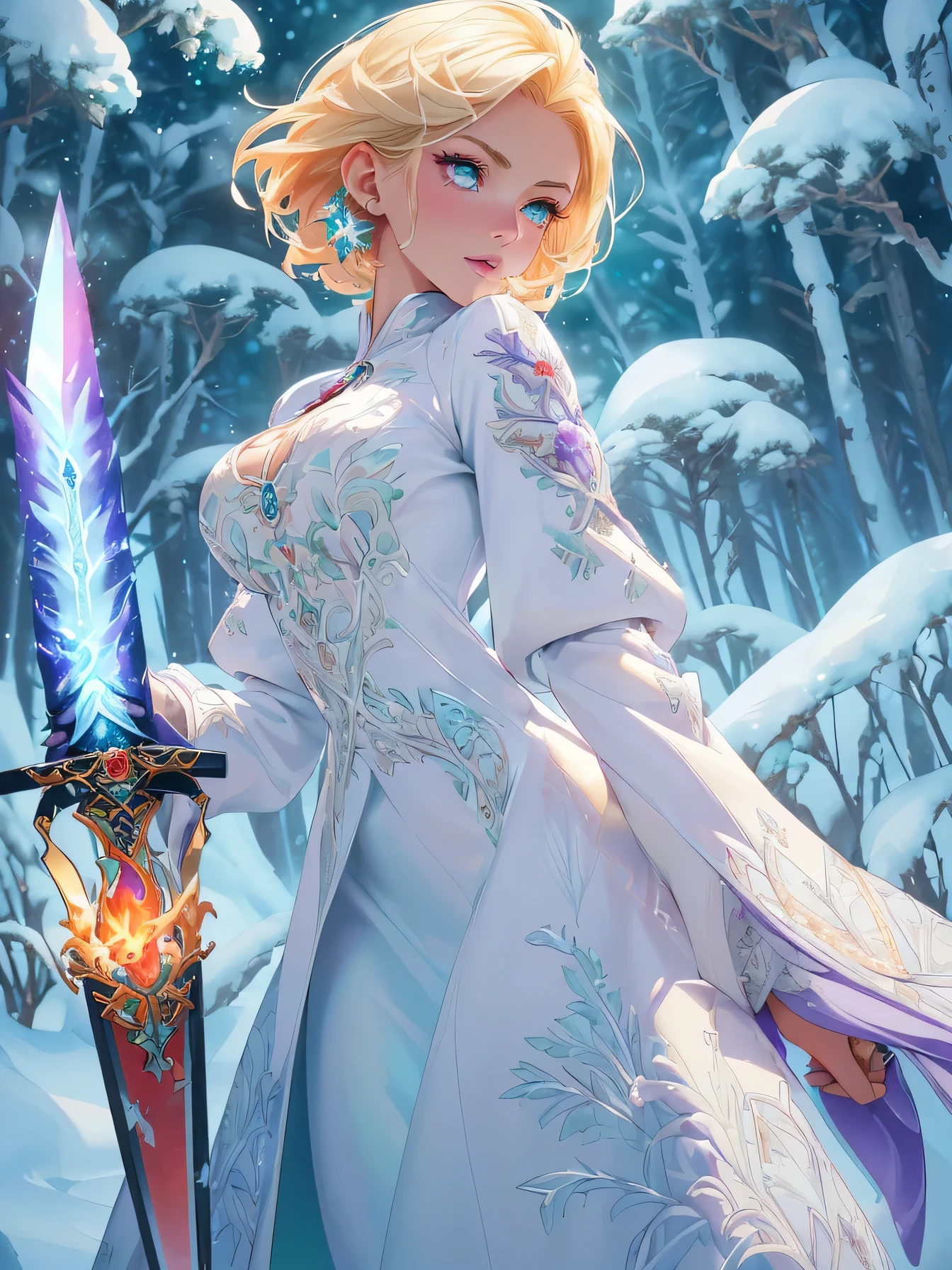 nsfw:1.1, high resolution:1.7, incredibly absurdres, kawaii:1, cute:1.5, hires.fix,anime visual:1,incredibly fine illustration,8k,masterpiece:1.2,best quality, high quality, exquisite, beautiful,insanely detailed, intricate detailed, extremely detailed, Super Definition,ultra high res, Super Resolution, best aesthetic, ultra detailed:1.5,best quality, perfect face, detailed face, masterpiece:1.2, illustration:1.2, 8k cg wallpaper, stunning art,absurdres,octane render,ultra hires,
cute elf,((anime elf with extremely cute and beautiful blond hair)),((((blond hair:1.35,undercut blond hair,short hair)))),(((green_eyes:1.3))),intricate eyes,beautiful detailed eyes,symmetrical eyes,big eyes:1.5,enchanting bright eyes studded with gold and silver dust,(((pinky skin,glowing_skin,lustrous skin:1.5,bright skin: 1.5,skin tanned,shiny skin,very shiny skin,shiny body,plastic glitter skin,exaggerated shiny skin,illuminated skin))),upward breasts,(detailed body,(detailed face)),cute,daring,zettai ryouiki,show skin,best relationship with four fingers and one thumb,((girl trembling with sexual climax))
Break (((aqua fur coat, aqua fur coat outfit, wearing a ice dress:1.3,aqua winter coat))), ((ice dress,elegant ice dress)),(white gloves,white clothes,(((intricate outfit,intricate clothes,embroidered outfit,ornate outfit,embroidered clothes,ornate clothes))),(dynamic pose:1.0),embarrassed,(centered,scale to fit dimensions,Rule of thirds),((snowy pine forest)),winter,scenery:1.25,((intricate scenery)),((snow forest background)),(Glossy winter ornaments),highres,sharp focus,(ultra detailed,extremely detailed),(photorealistic artwork:1.37),(extremely detailed CG unity 8k wallpaper),(((vibrant colors,vibrant theme))),(intricate),full body,(perfect body),ninja, (red fire:1.5), (holding white flame sword:1.5), (holding blue energy sword:1.3), (purple flame katana:1.3), (swing a purple flame sword:1.3),battle,fight,(action pose: 1.4),(vengeful spirit come's attack), (vs vengeful spirit),(p