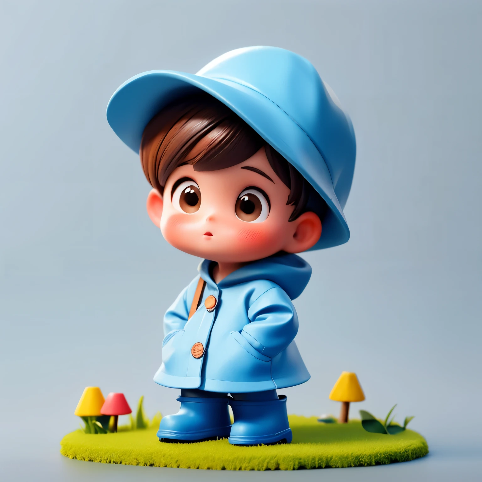 masterpiece, best quality:1.2),micro landscape，Outdoor on the grass，rainy day，1 miniature cartoon character, alone， hands in pockets，Wearing hat and raincoat,blue rain boots, mini，Brilliant lighting，outdoor background，rich colors，