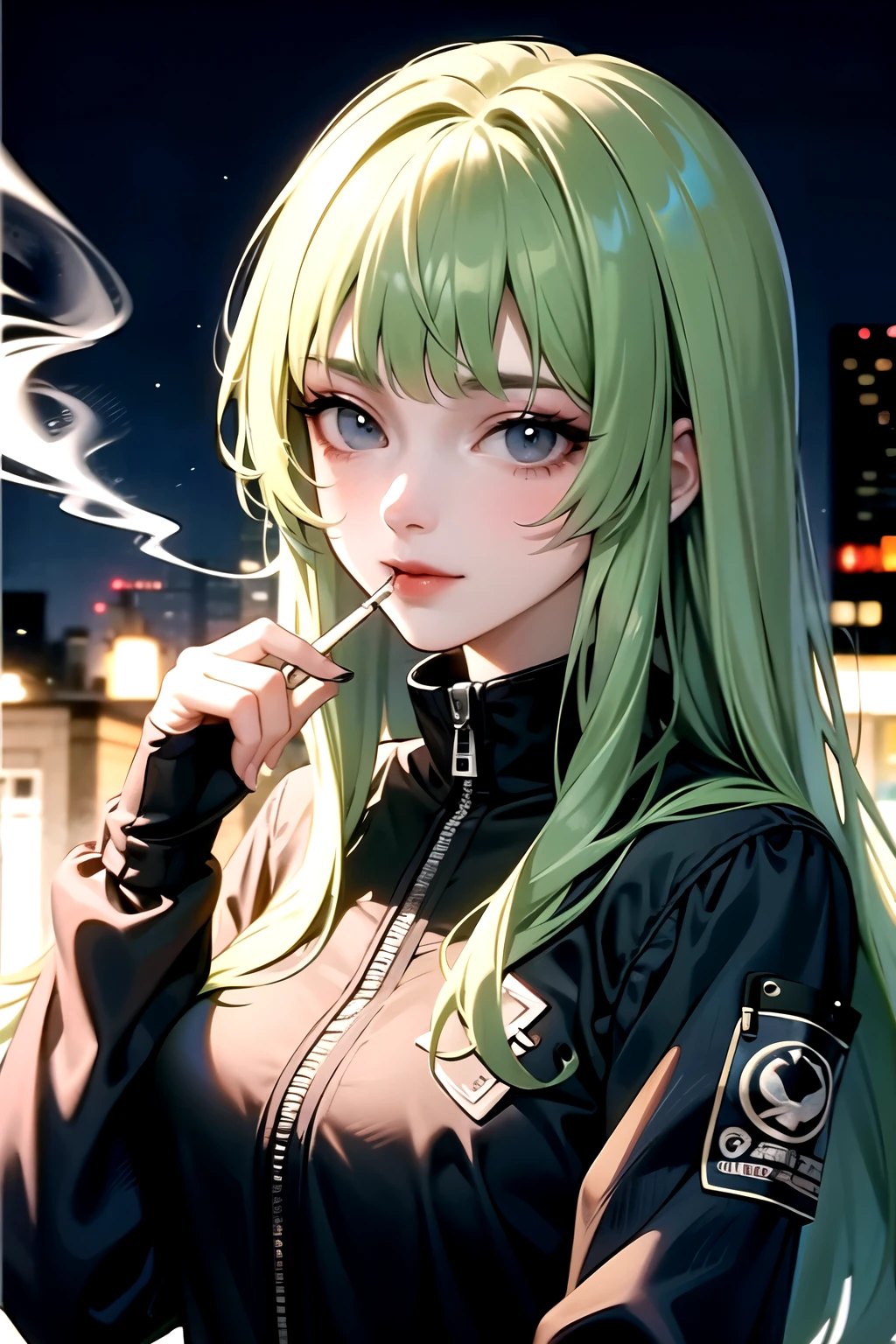 hacker girl with green hair smoking cigarette with tattoos